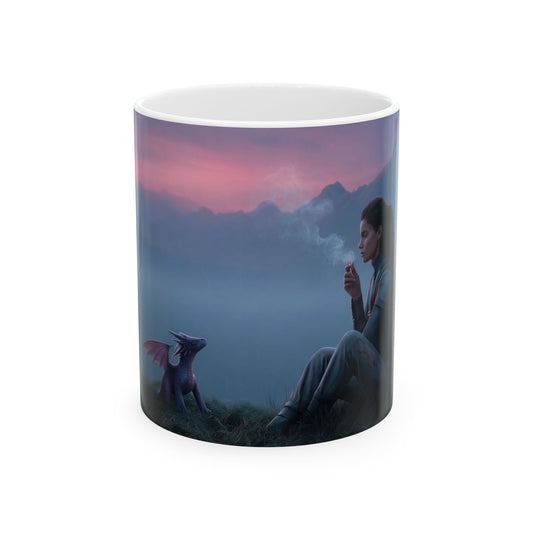 Warrior and Dragon Sunset Mug – Twilight Vigil on the Mountain Ridge