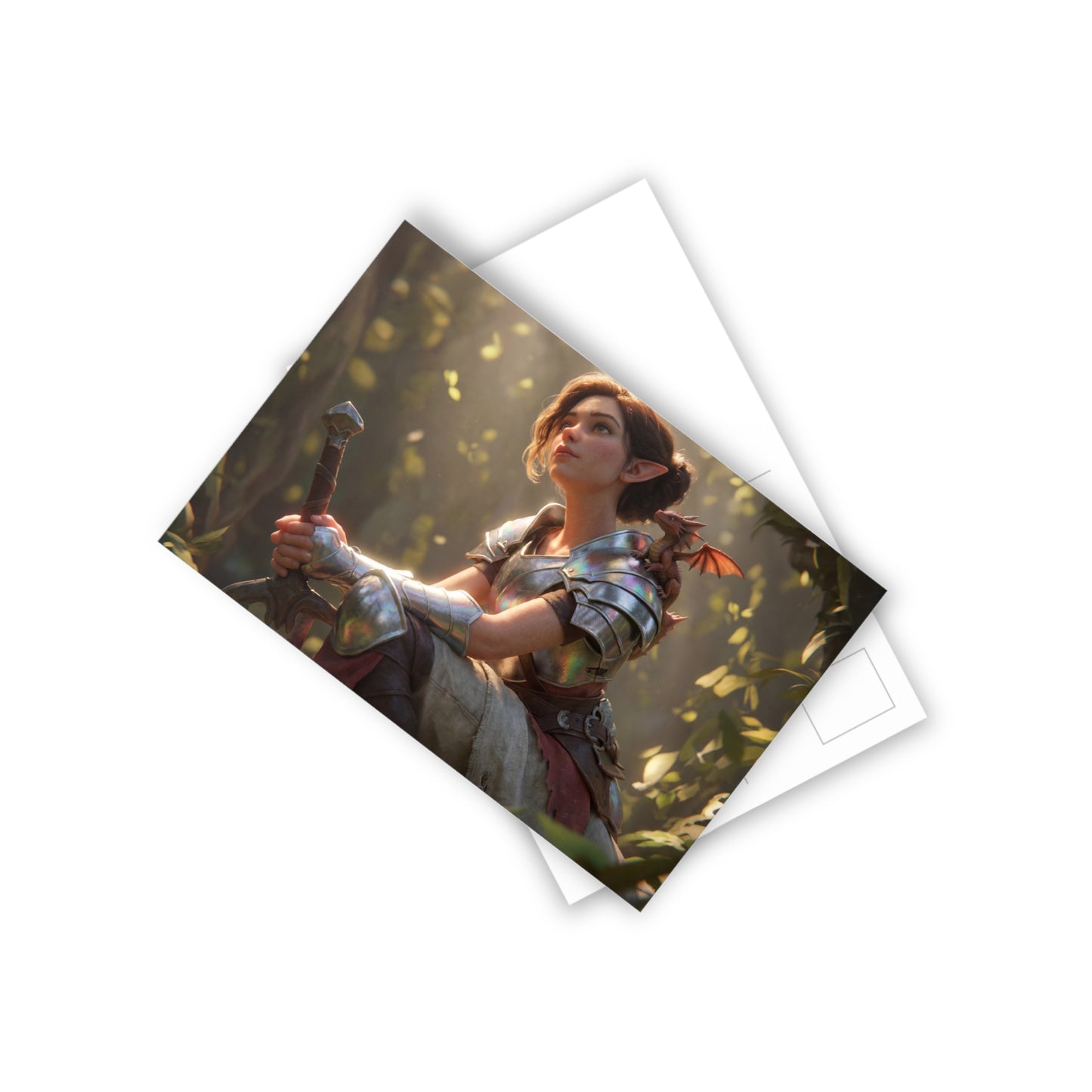 Elven Guardian with Mini Dragon Postcards (10pcs) – Sunlit Forest Sentinel