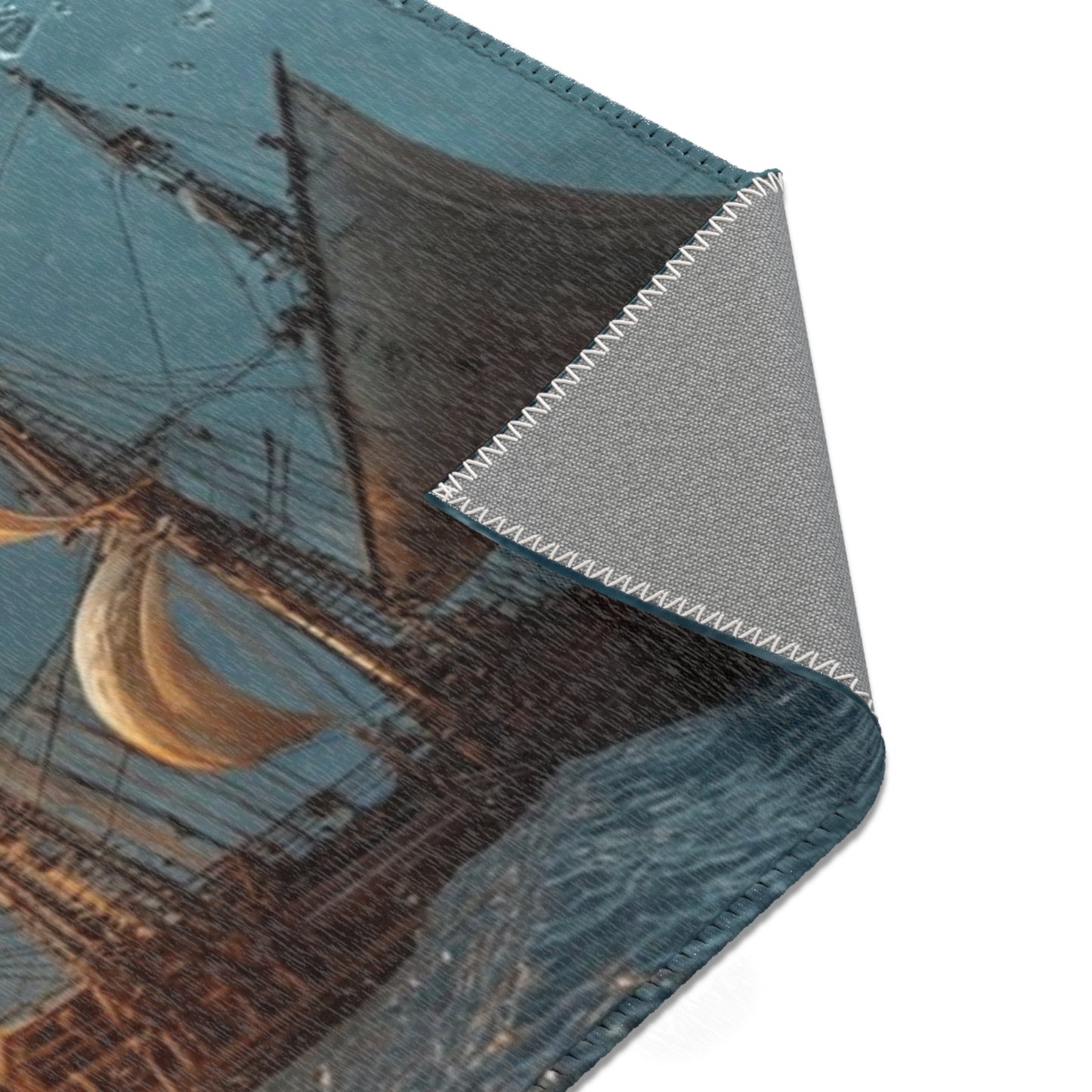 Storm-Sailed Ship in Bottle Area Rug – Captured Gale on Pebbled Shore