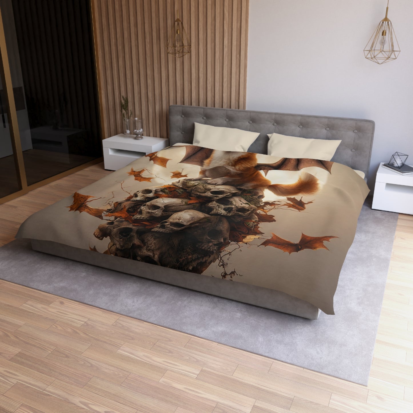 Bat-winged Corgi Duvet Cover – Moonlit Guardian of Autumn Skulls
