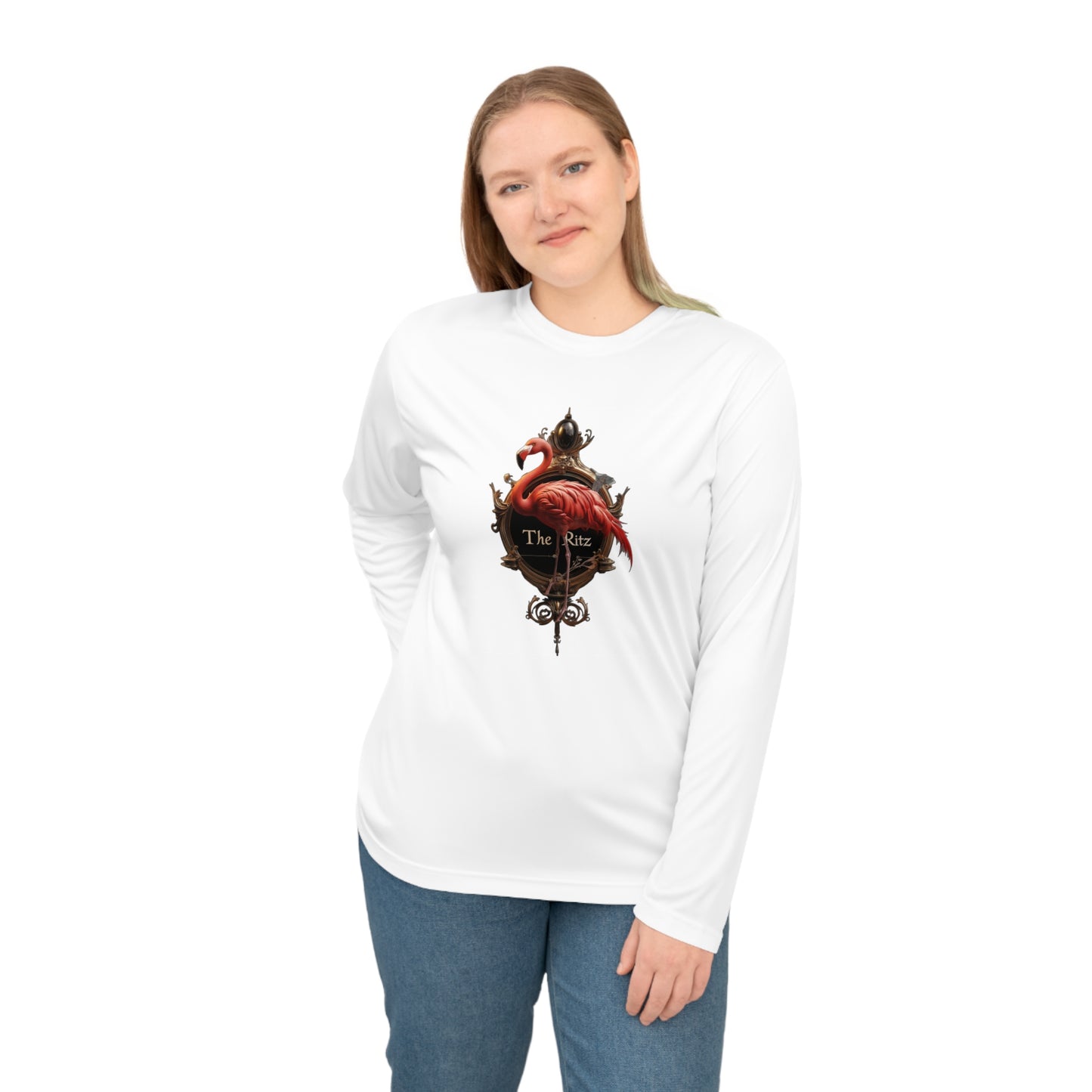 The Ritz Flamingo Unisex Performance Long Sleeve Shirt – Golden Frame Elegance