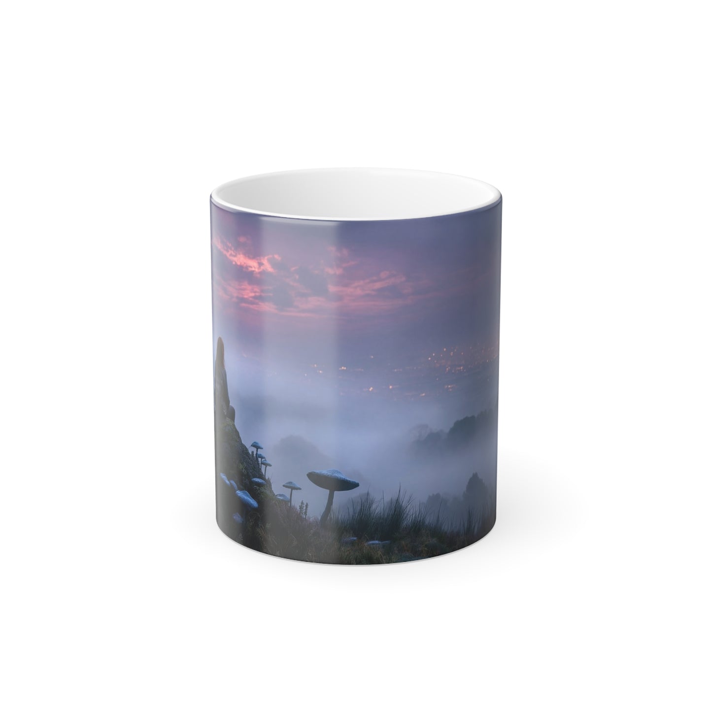 Twilight Wanderer Mushroom Cliff Mug – Misty Moonlit Vistas