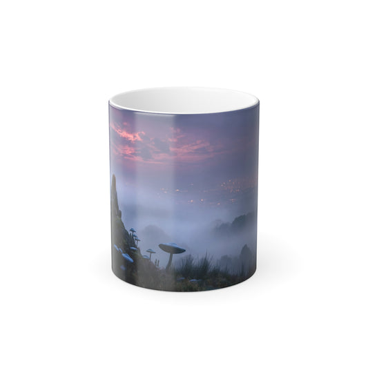 Twilight Wanderer Mushroom Cliff Mug – Misty Moonlit Vistas