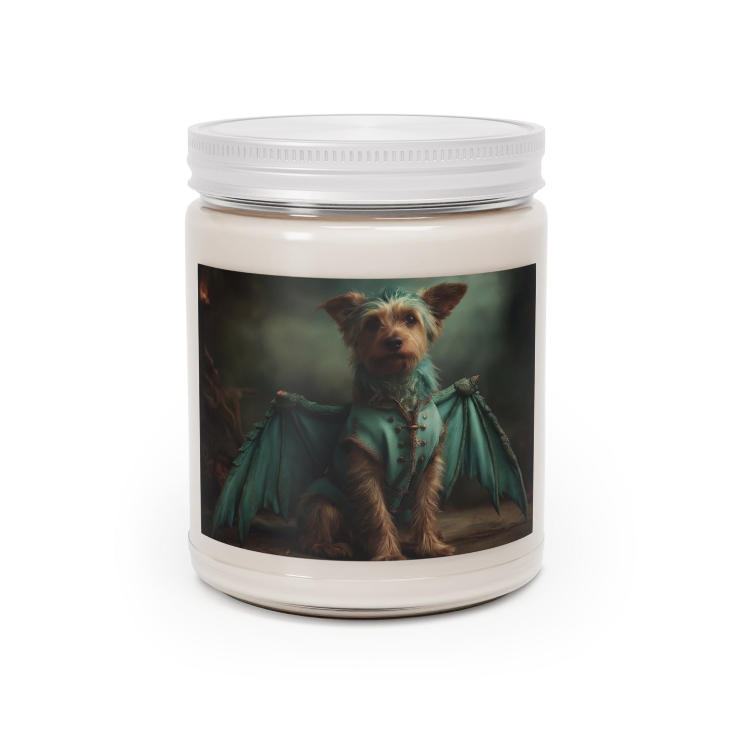 Dragon Knight Yorkshire Terrier Scented Soy Candles with White Lid, 9oz – Emerald Armor in a Foggy Grotto
