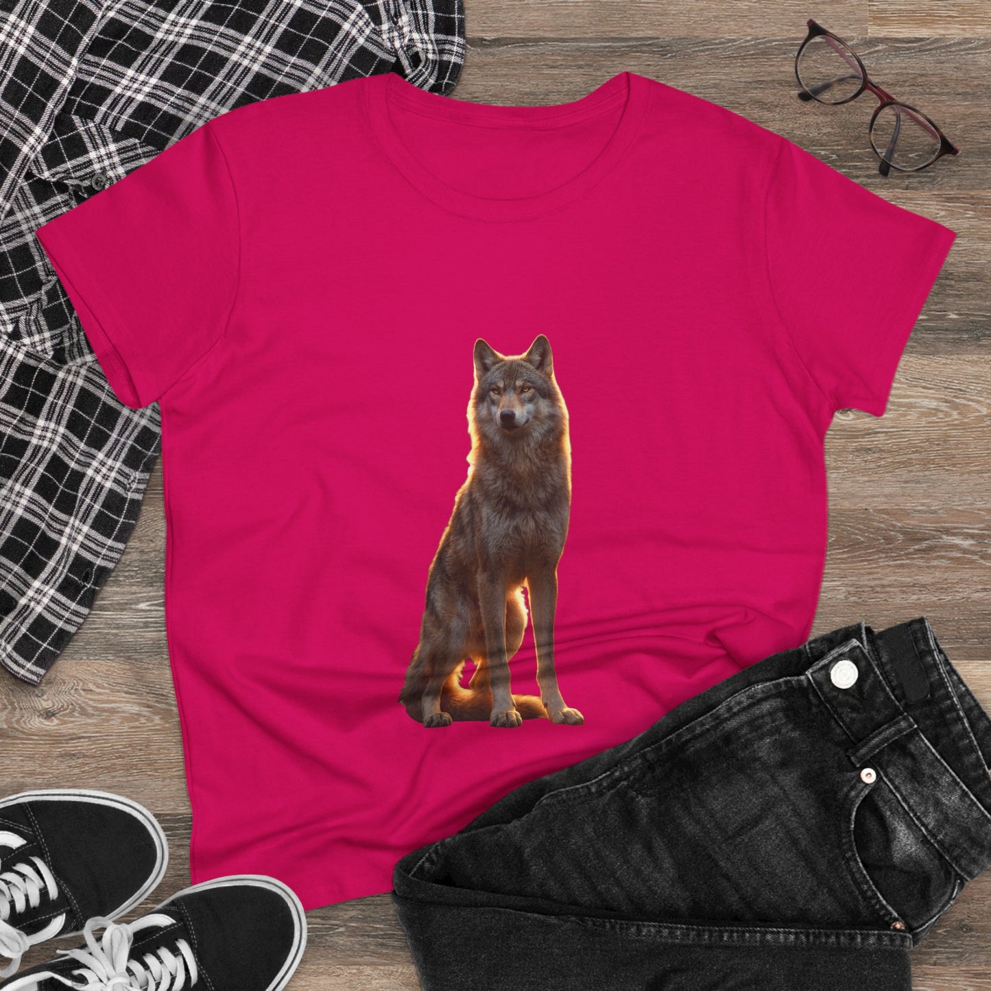 Golden Hour Wolf Women's Midweight Cotton Tee – Sentient Silhouette on Black