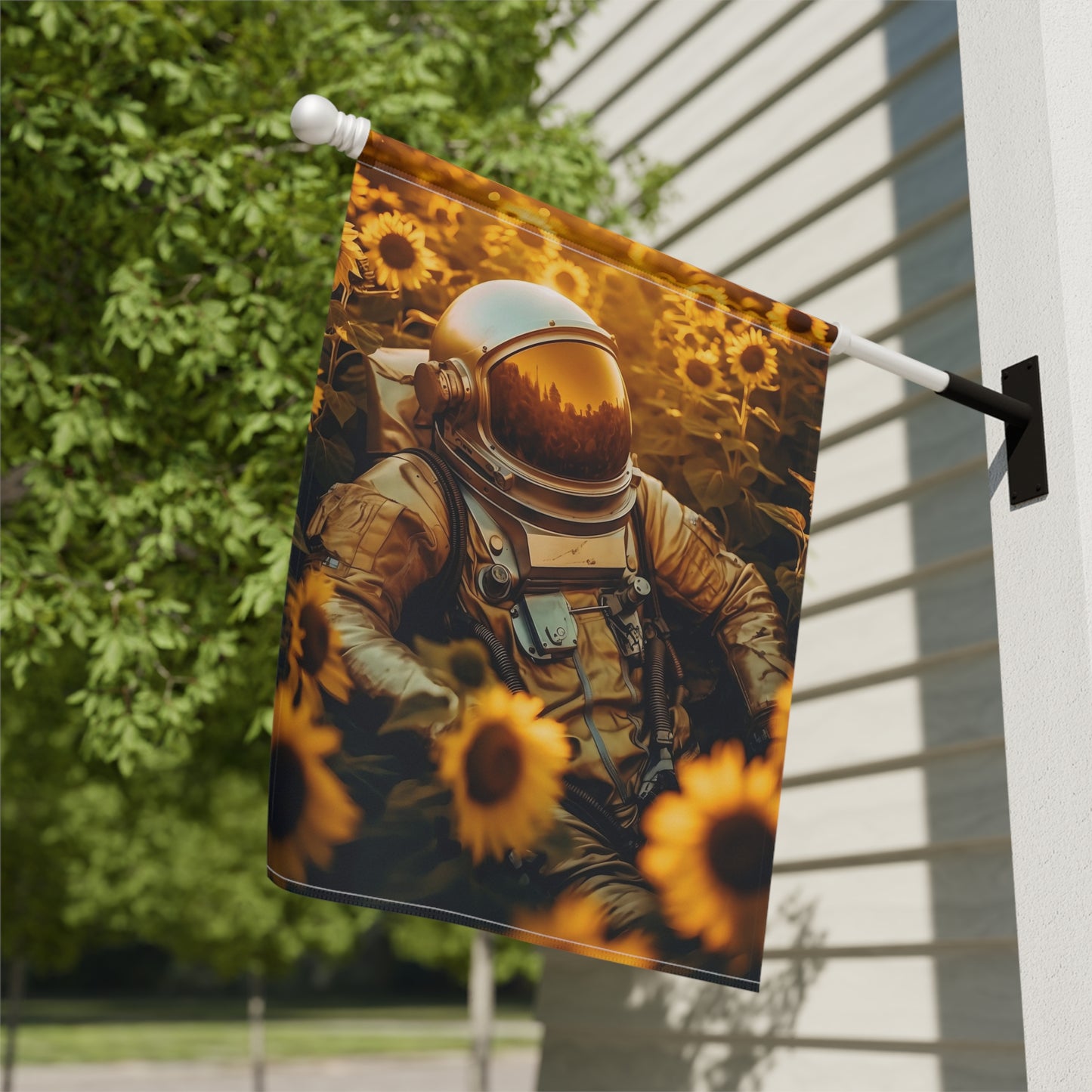 high texture quality photo of biomechanical astronaut lying in a meadow of sunflowers, golden hour, Leica 50mm, f1. 4, night - Garden & House Banner