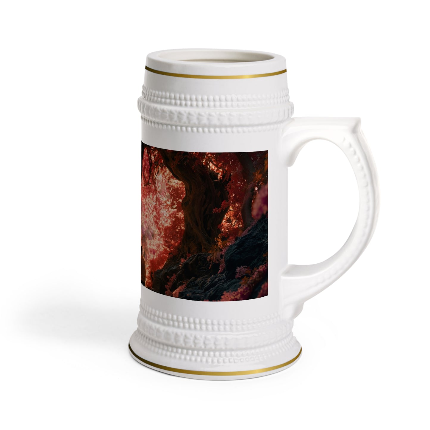 Crimson Canopy Stein Mug – Heart-Shaped Forest Romance