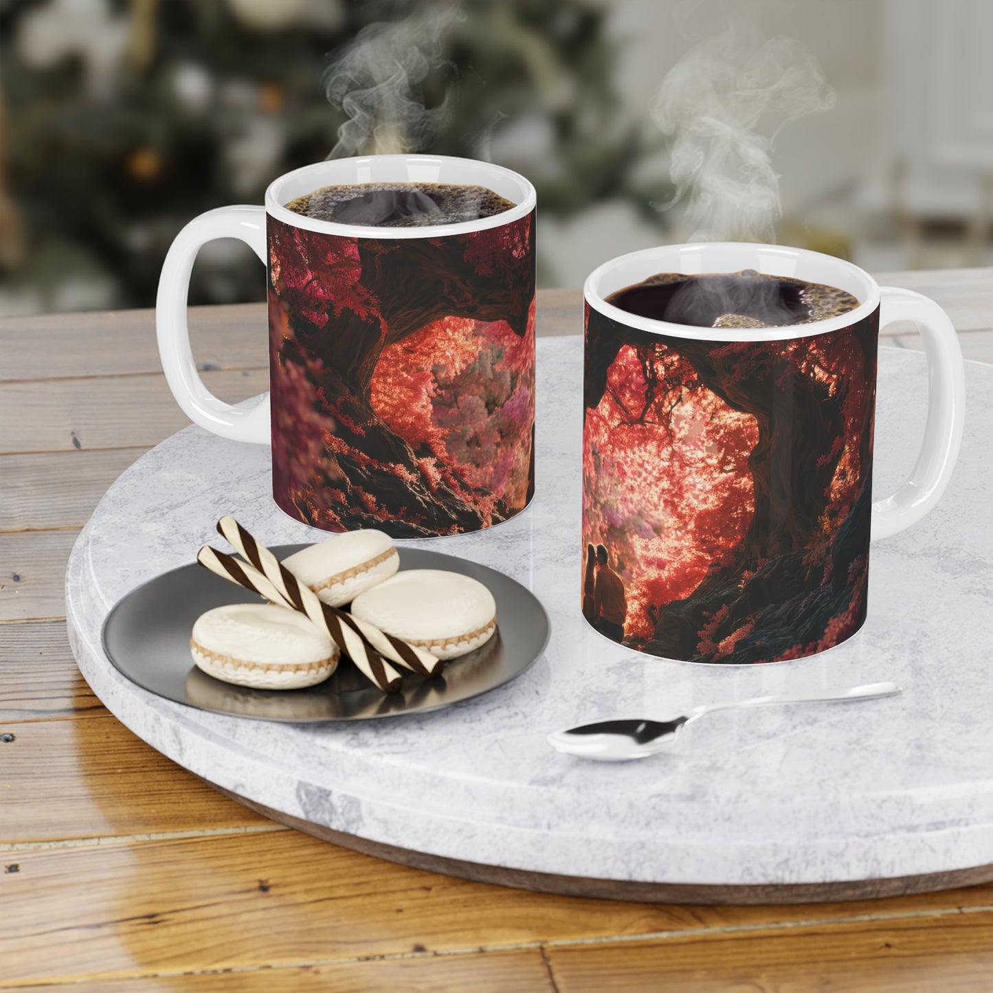 Crimson Canopy Ceramic Mugs (11oz\15oz\20oz) – Whispering Love in a Heartwood Grove