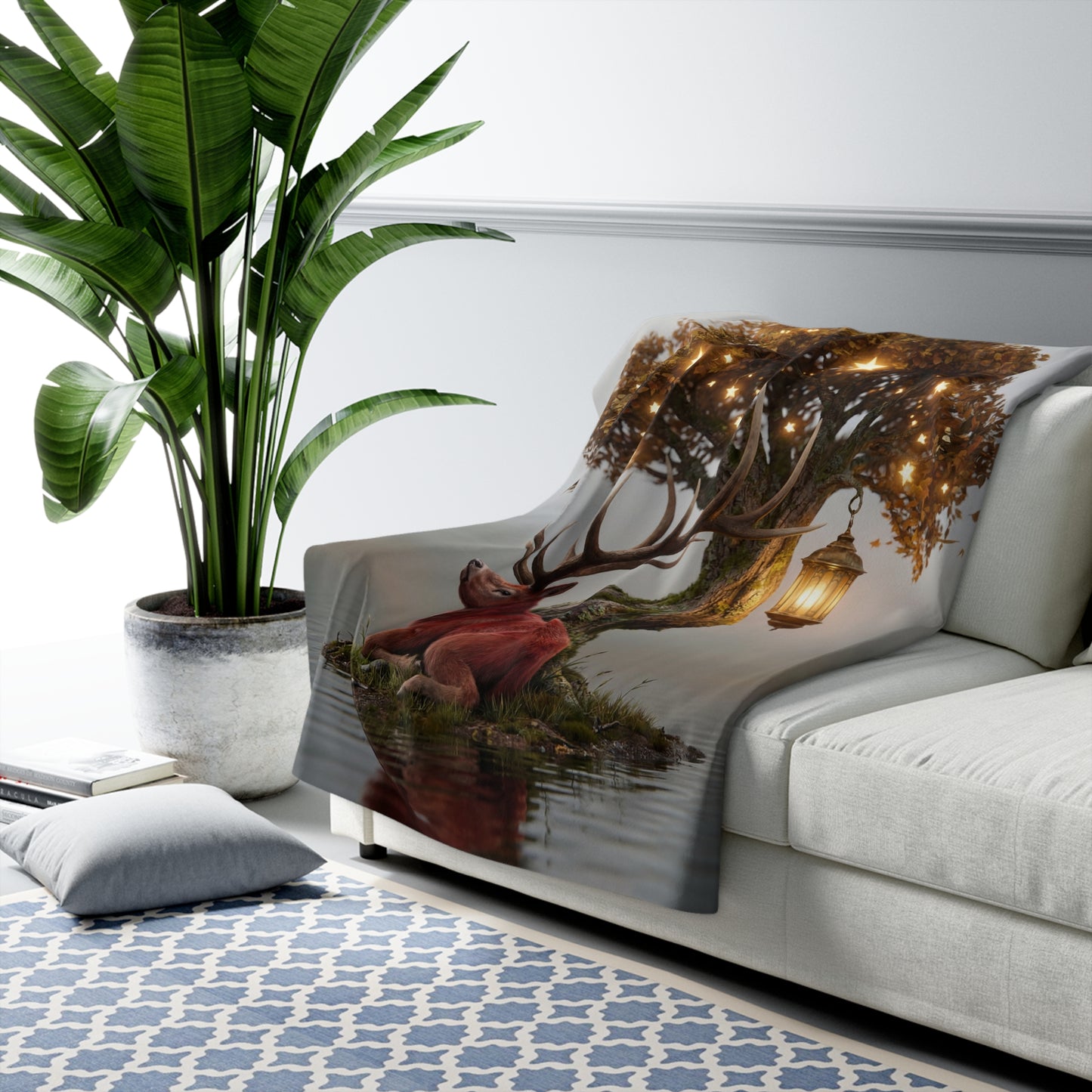 Starlit Stag Beneath Ancient Tree Sherpa Fleece Blanket – Whispering Woods Sanctuary
