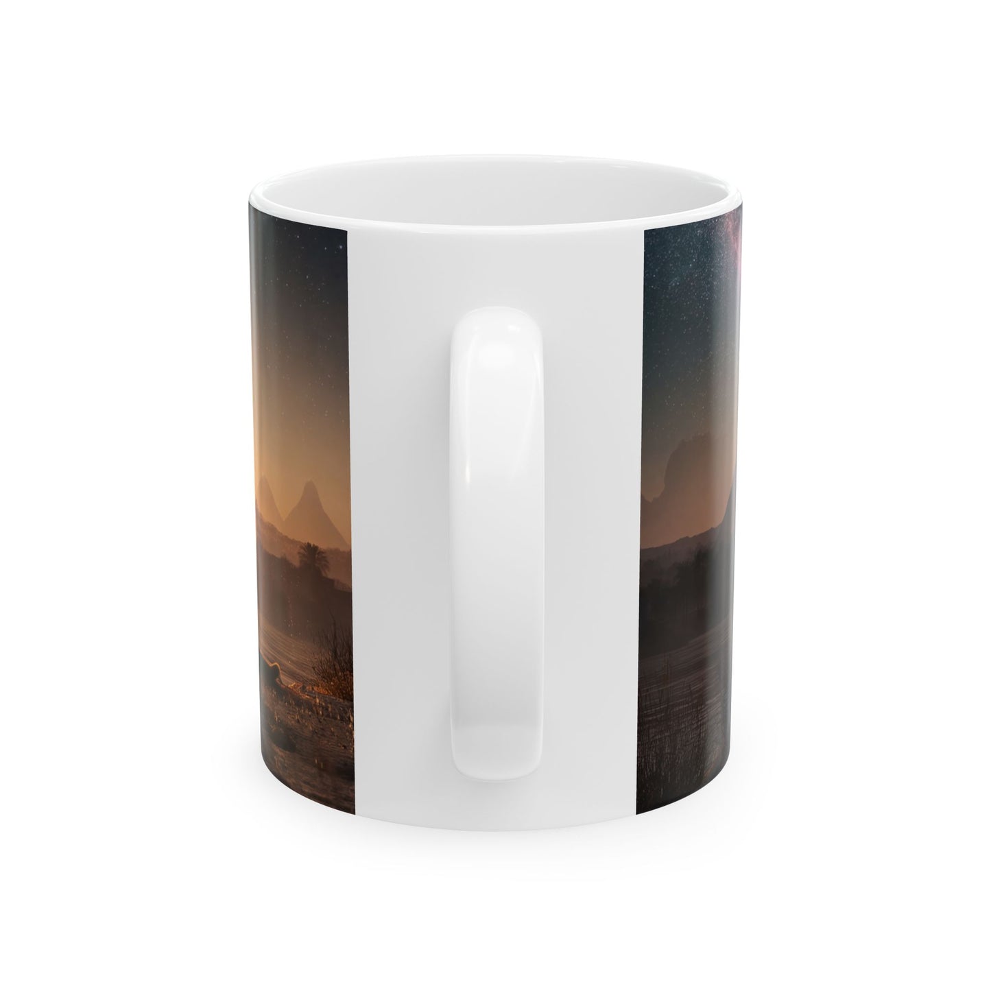 Starlit Pyramids Cat Mug – Ancient Nightwatchers Under Milky Way