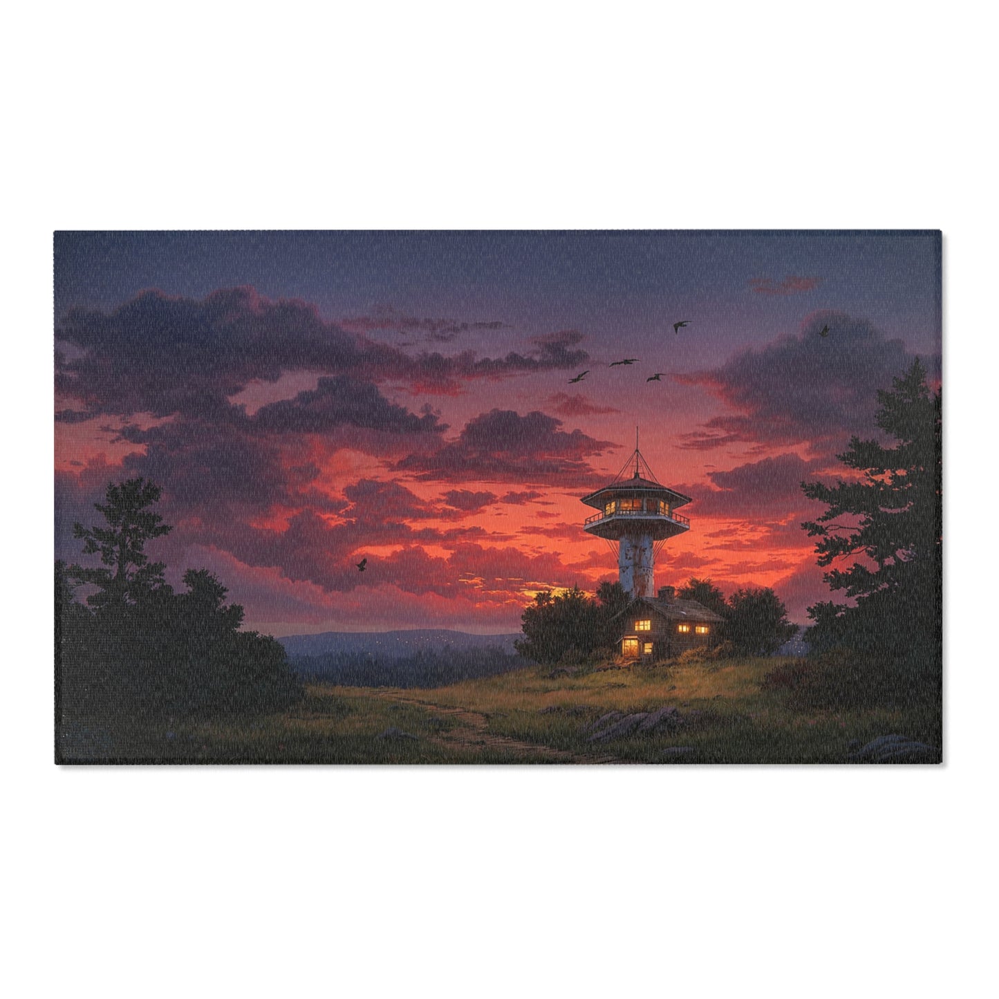 Sunset Sentinel Tower Rug – Warm Glow Over Mountain Path