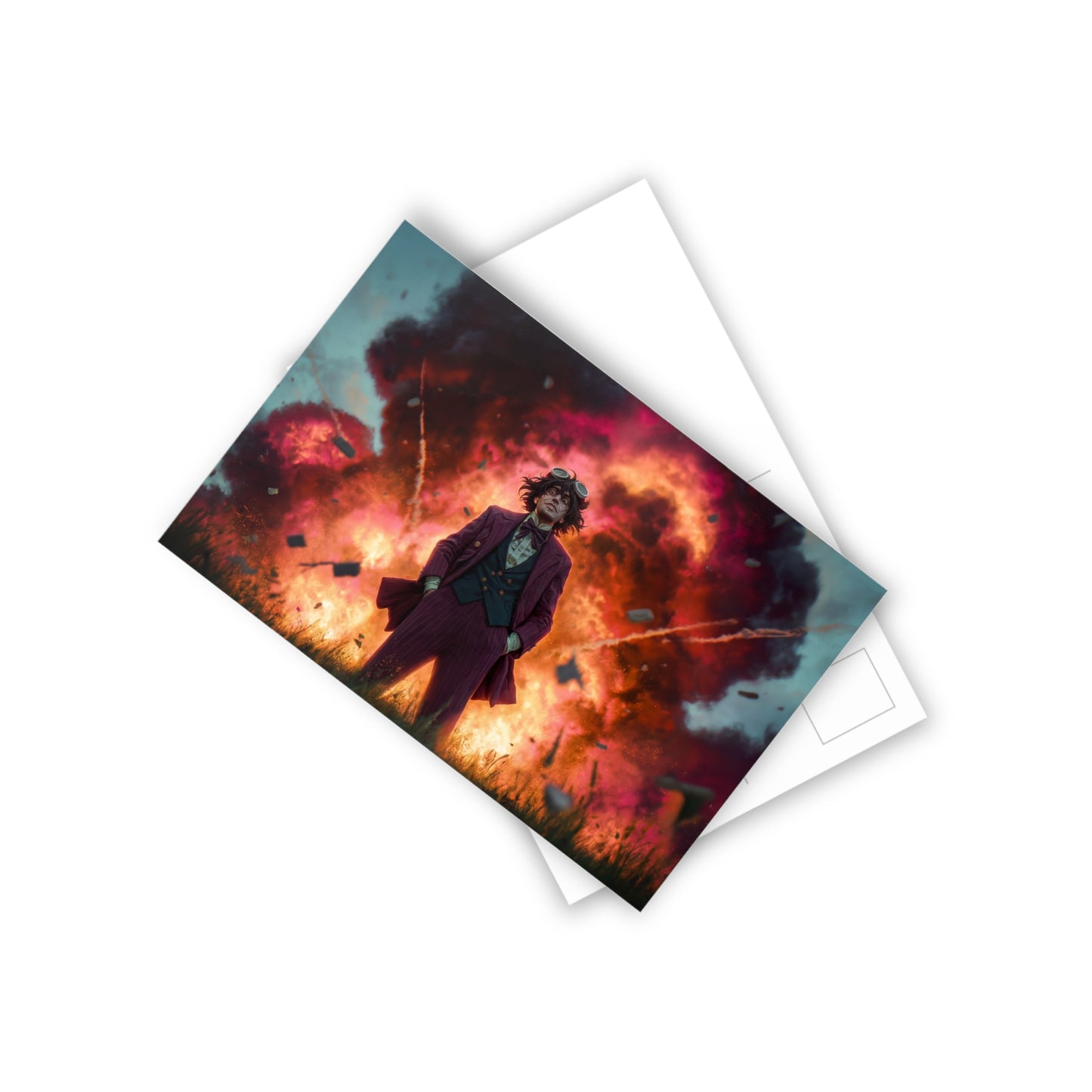 Mad Inventor Amidst Crimson Explosion Postcards (10pcs) – Unflinching Brilliance in a World of Sparks