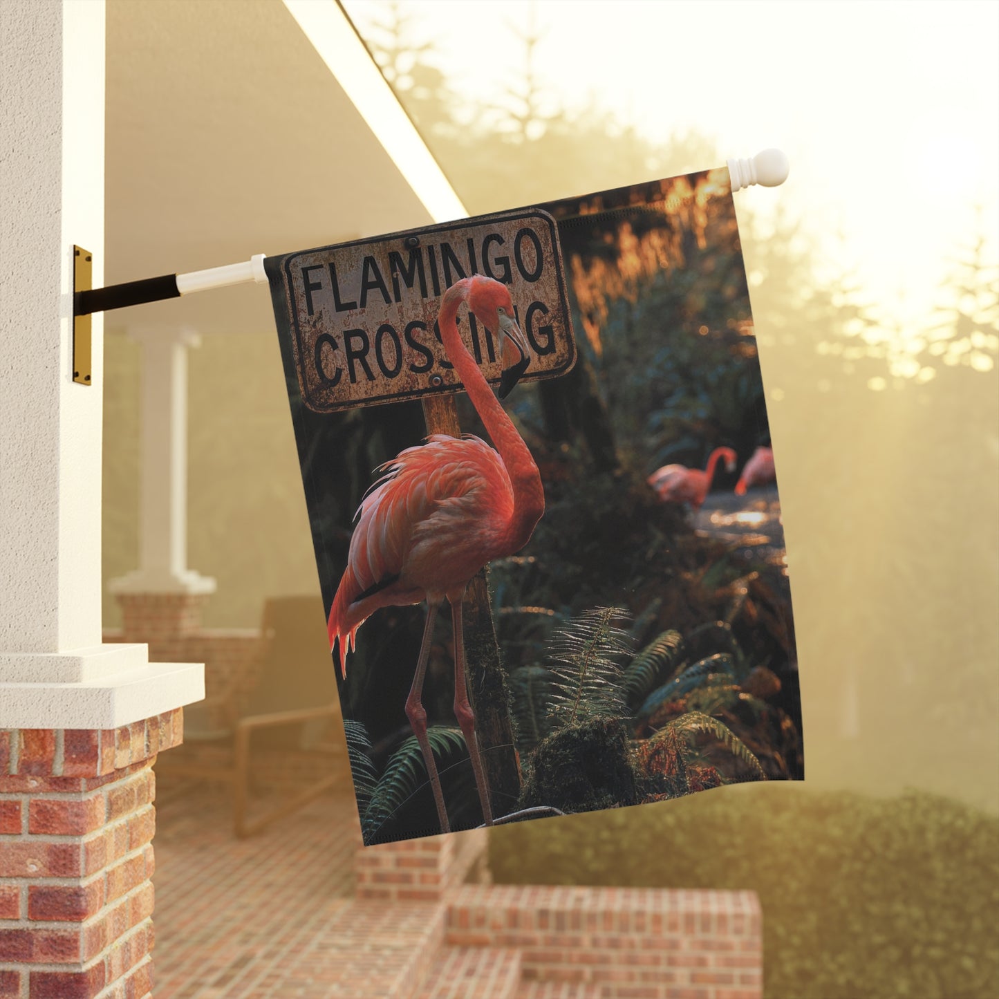 Flamingo Crossing Sign Garden Flag - Tropical Wildlife Art