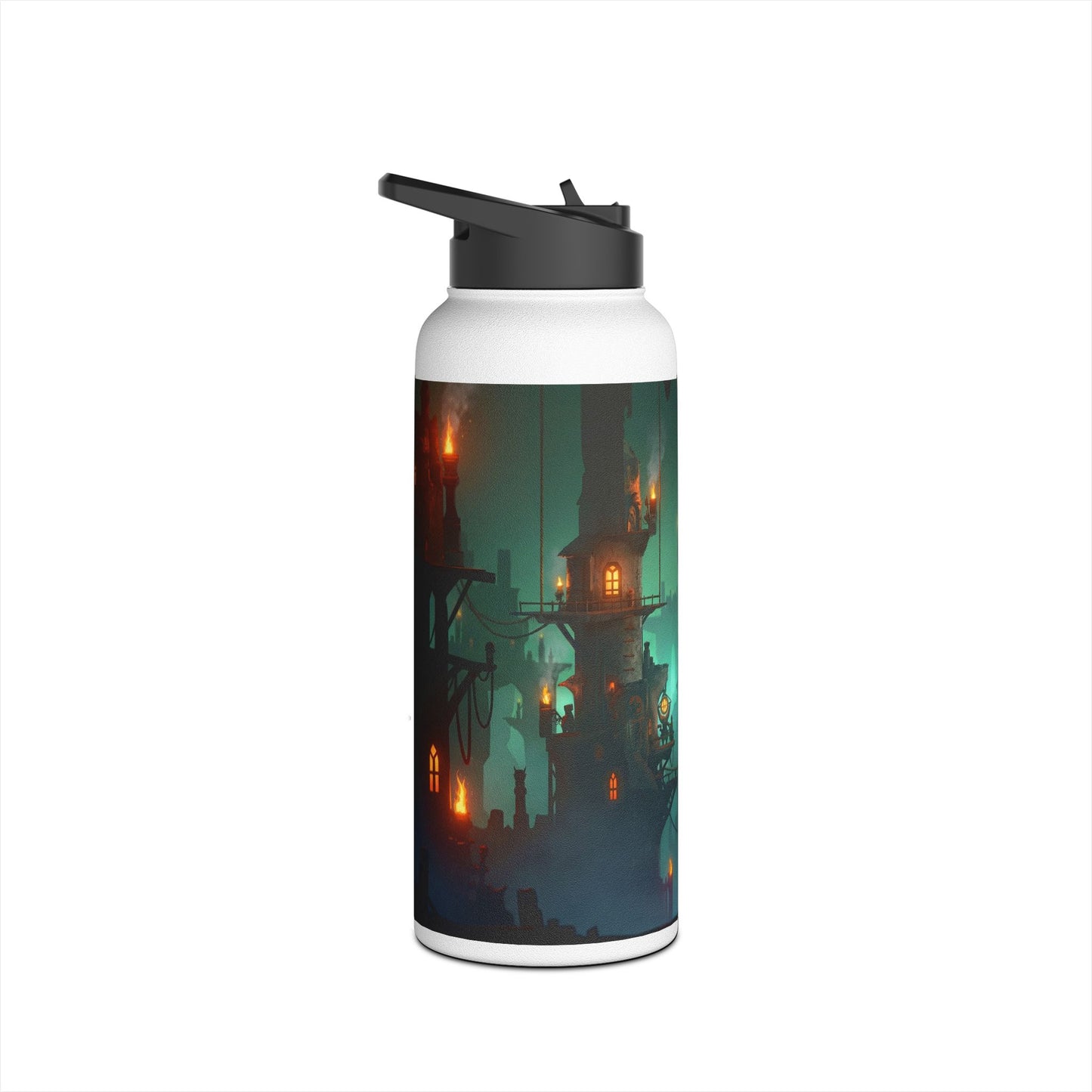 Floating City at Dusk Stainless Steel Water Bottle – Warm Lights Among the Mist