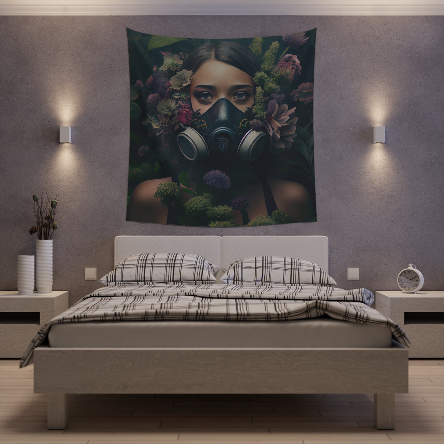 a beautiful woman wearing a gas mask filled with plants and flowers and moss - Printed Wall Tapestry