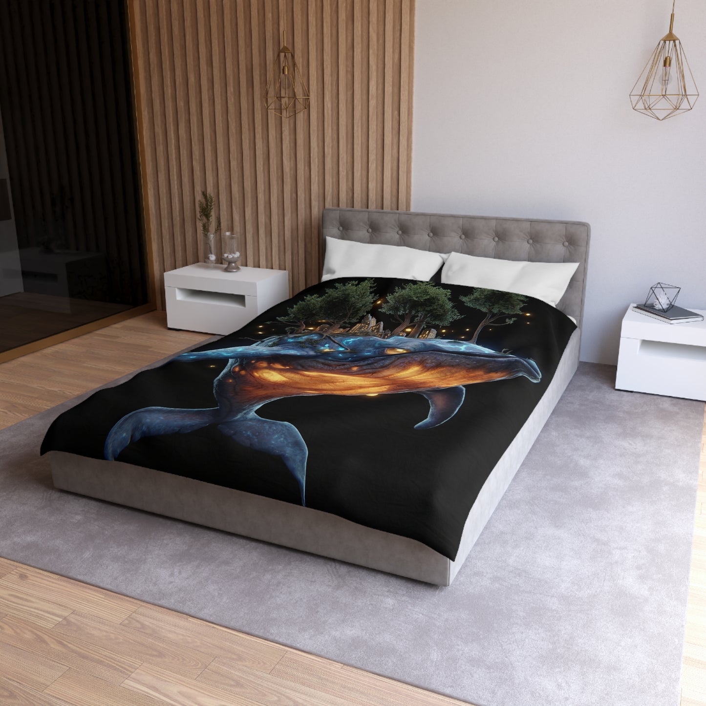 Bioluminescent Whale Sanctuary Duvet Cover – Floating City on a Gentle Giant