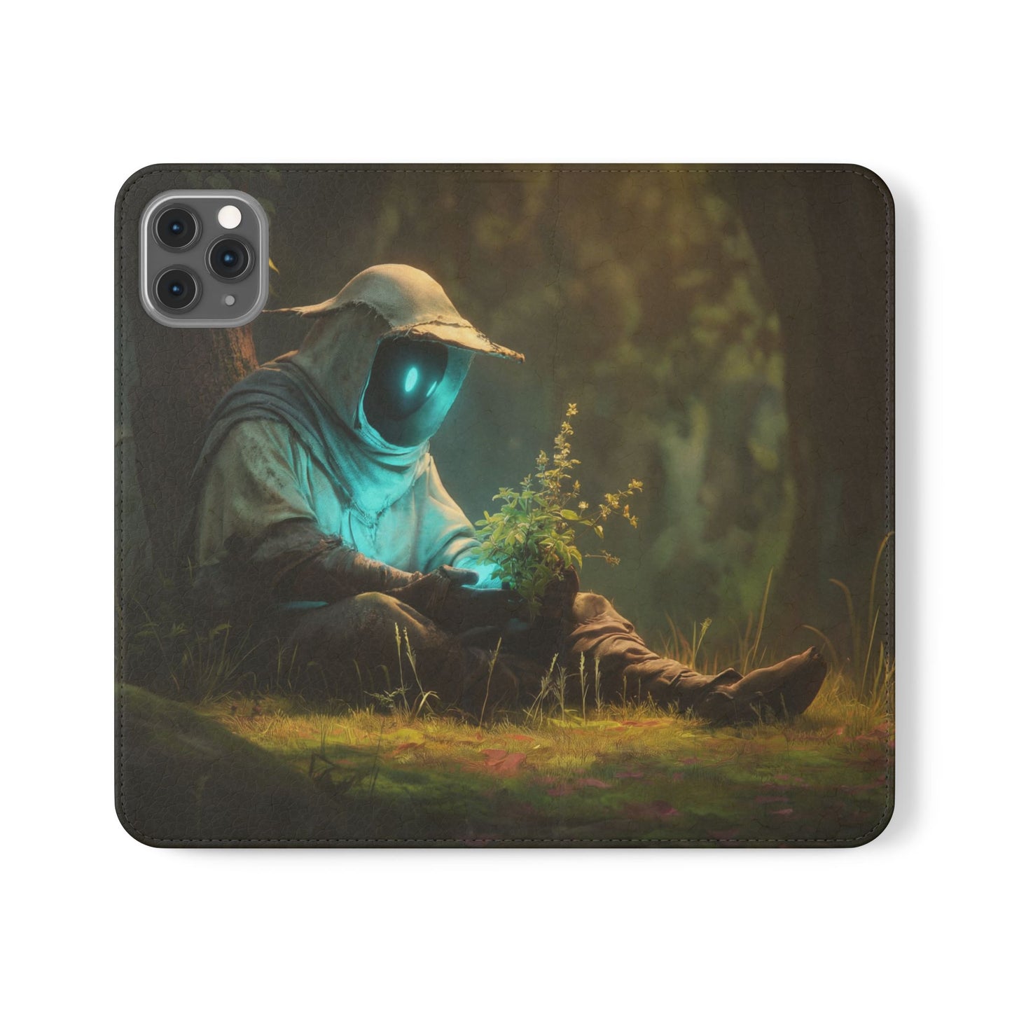 Glowing Orb Hooded Guardian Flip Cases – Bioluminescent Forest Keeper