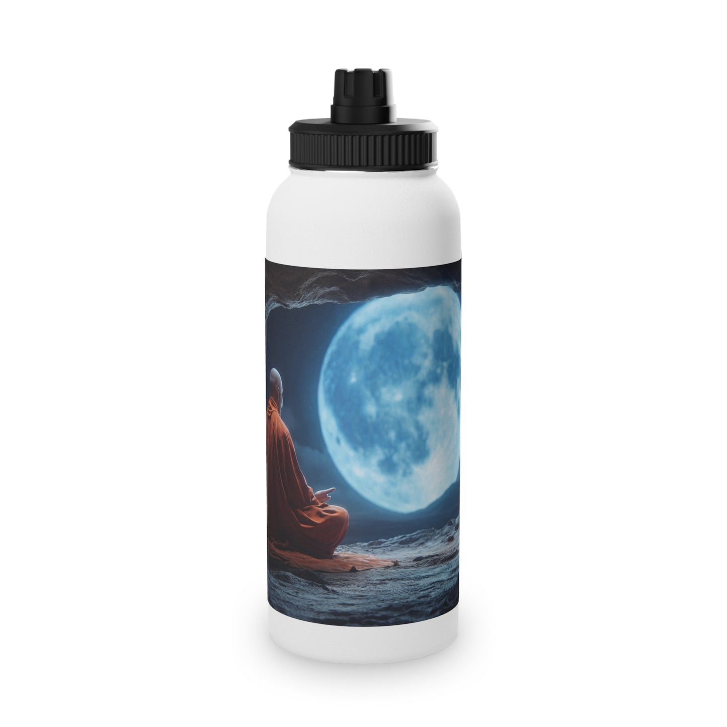 Moonlit Monk Stainless Steel Water Bottle, Sports Lid – Serene Cave Meditation Scene