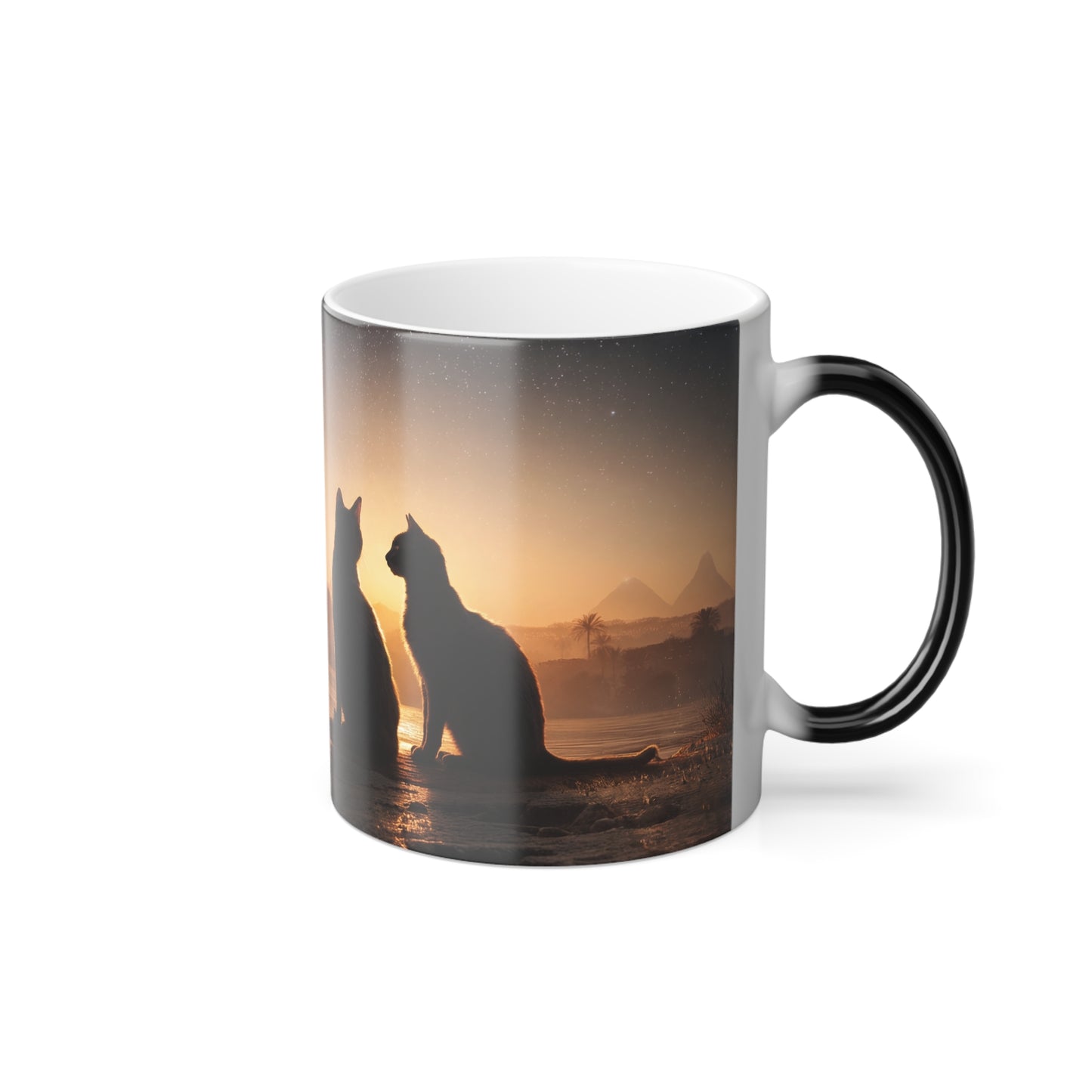 Twin Cats Gazing at Pyramids Color Morphing Mug, 11oz – Desert Stargazers with Milky Way Vista