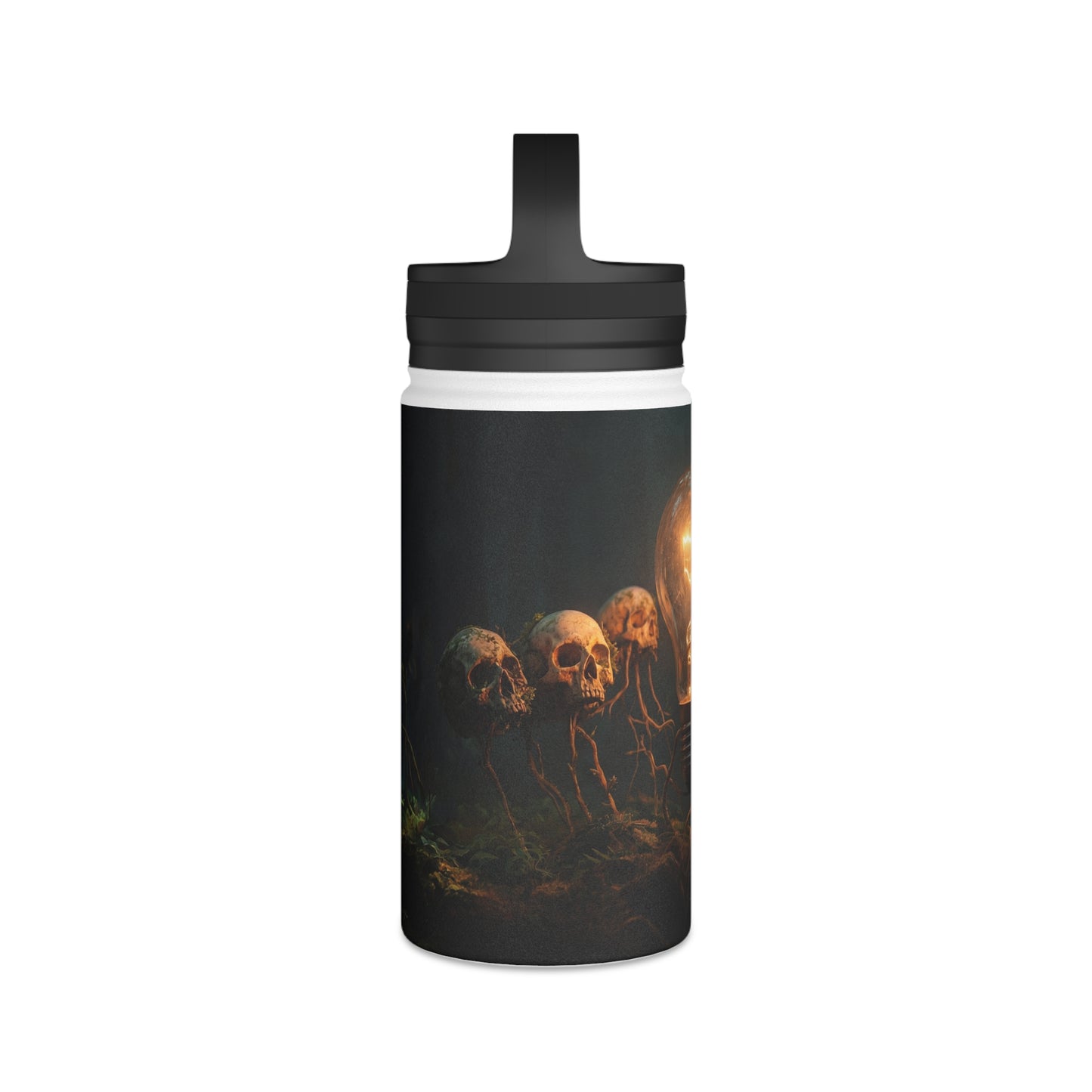 Glowing Lightbulb in Haunted Forest Stainless Steel Water Bottle, Handle Lid – Illuminated Wisdom Amidst the Roots