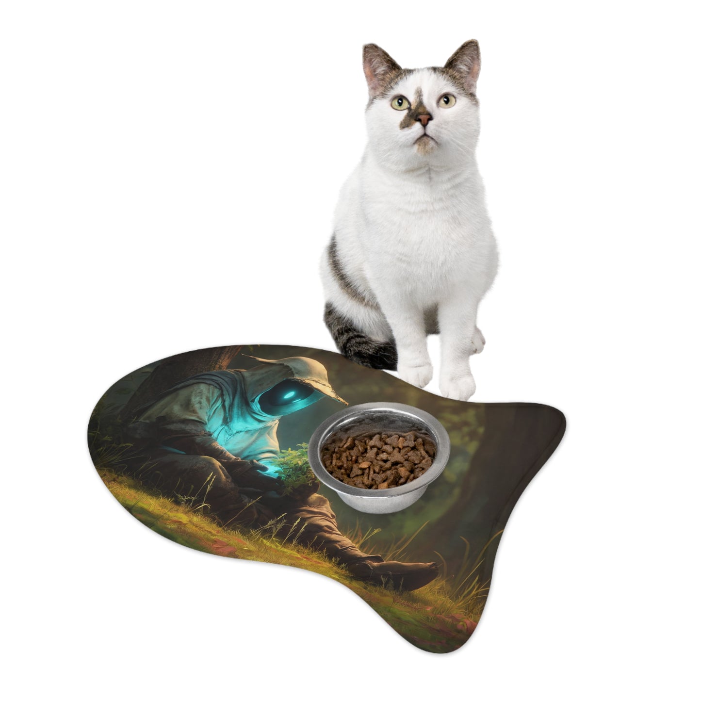 Forest Sentinel Pet Feeding Mats – Azure Glow Guardian in Mossy Grove