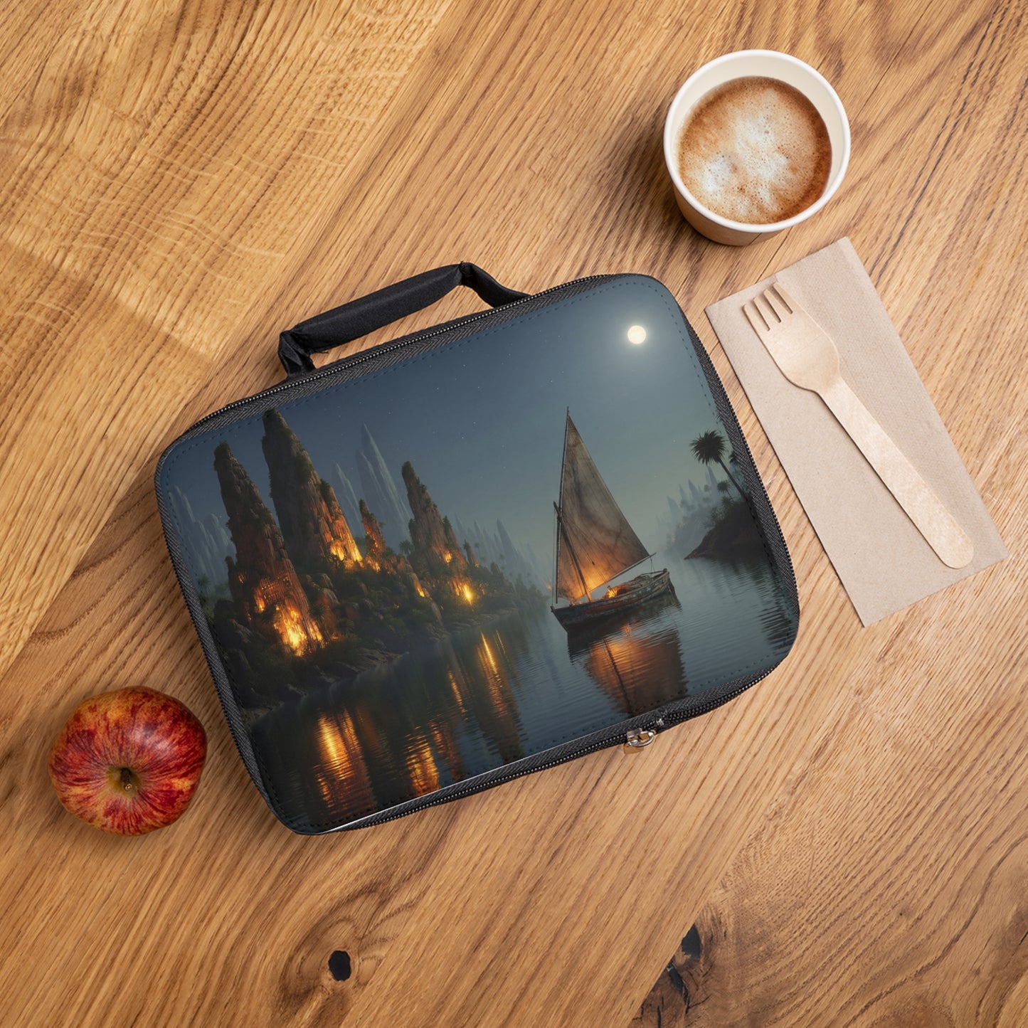 Moonlit Sailboat River Journey Lunch Bag – Warm Glow Through Whispering Peaks