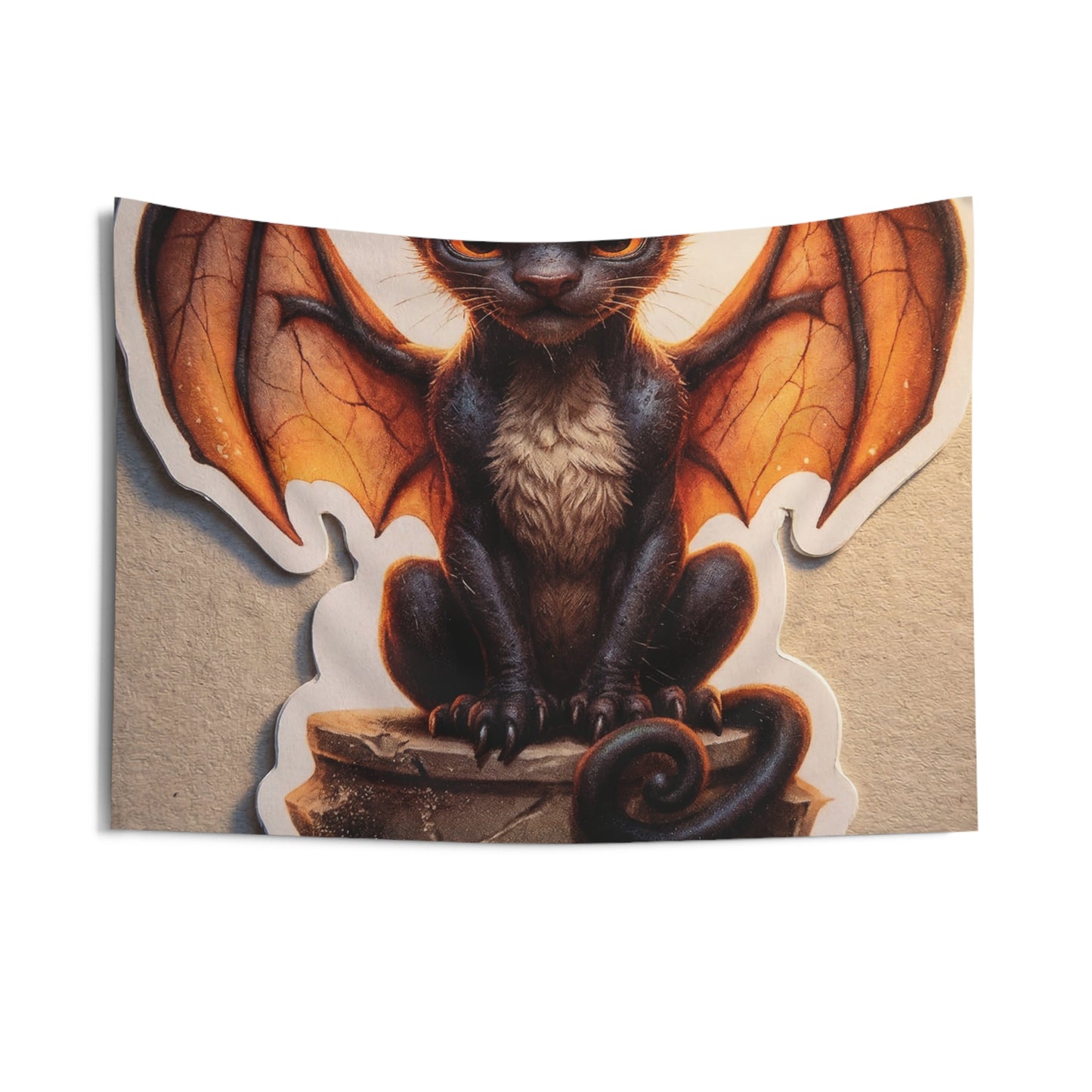Winged Feline Sentinel Indoor Wall Tapestries – Warm Glow in Midnight Wings