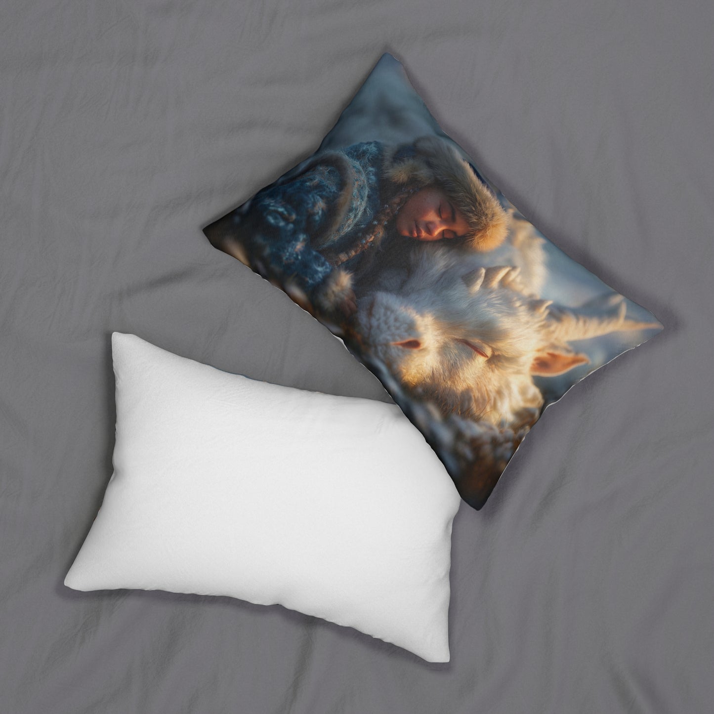 Winter Guardian Lumbar Pillow – Snow-Whispered Dragon and Child Rest