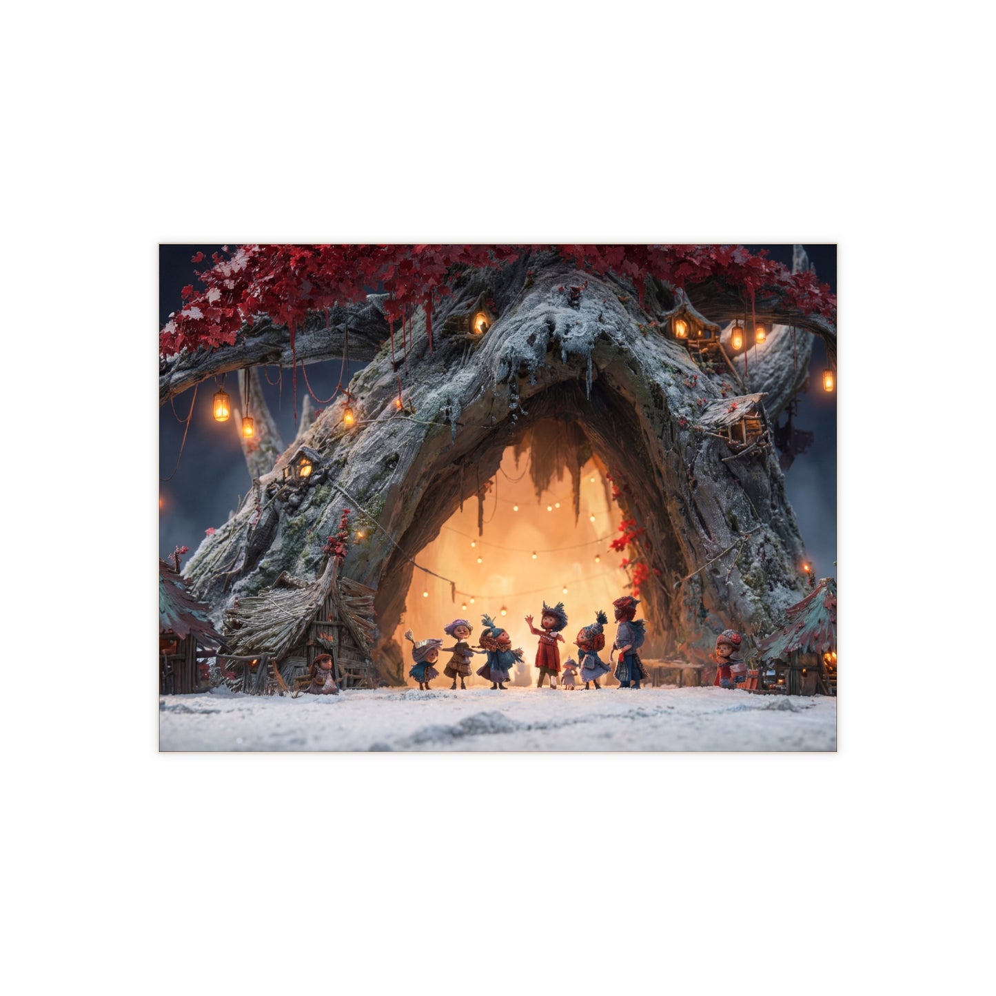 Winter Treehouse Village Ceramic Photo Tile – Snow-Dusted Folk Gathering