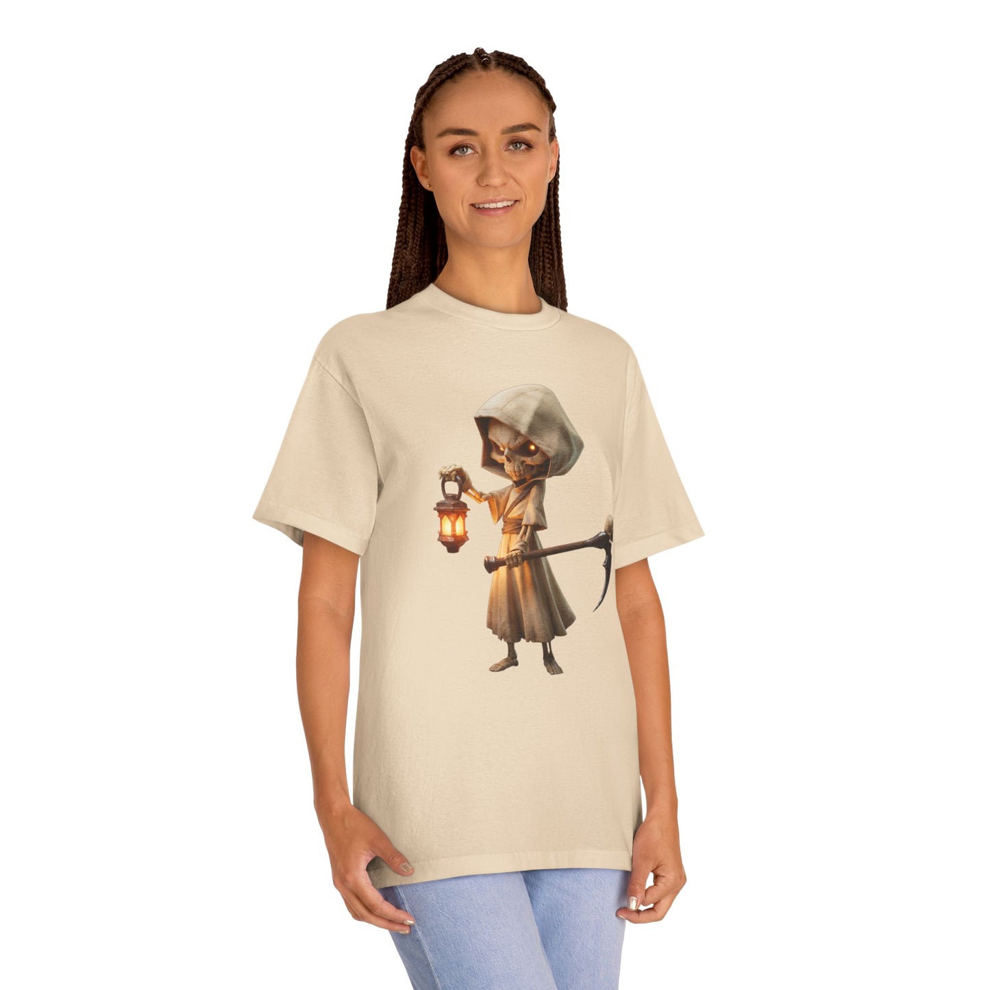 Lantern-Bearing Reaper Unisex Classic Tee – Hooded Guardian with Scythe