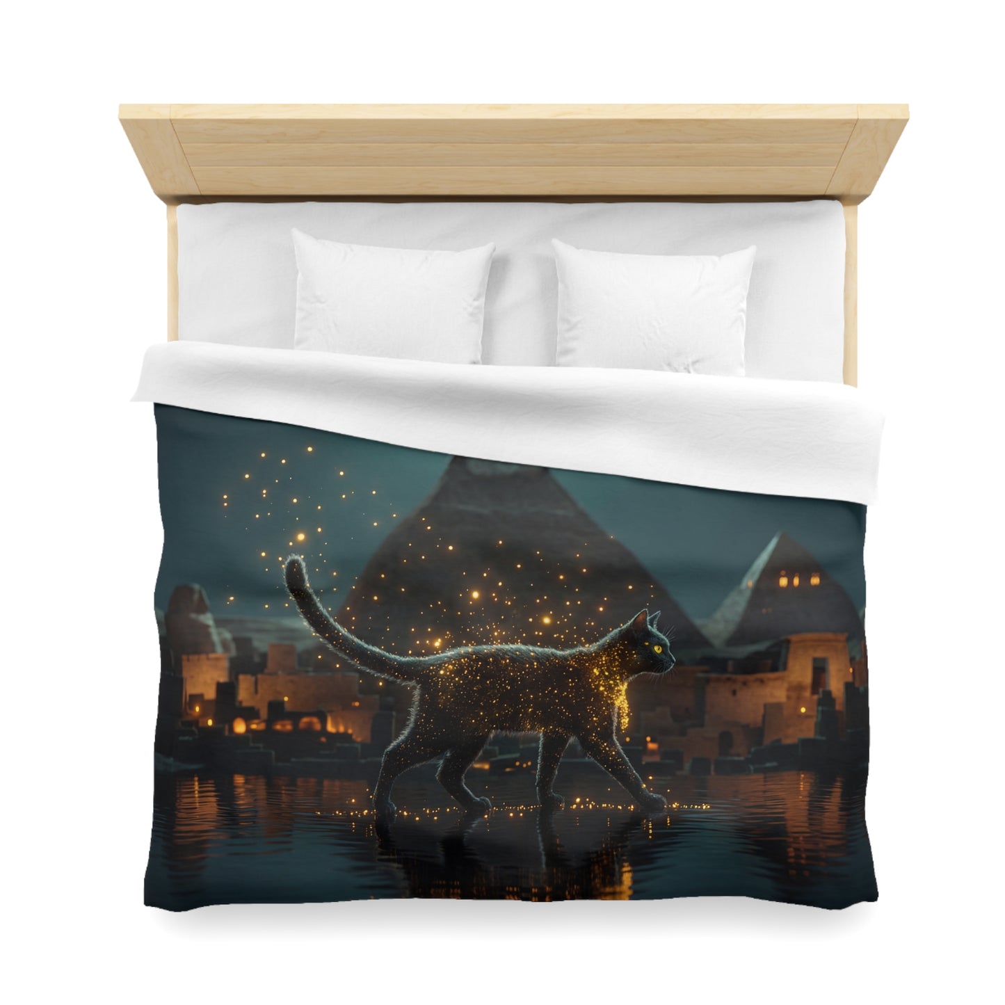 Pharaoh’s Guardian Duvet Cover – Glowing Cat at the Pyramids Microfiber Bedding