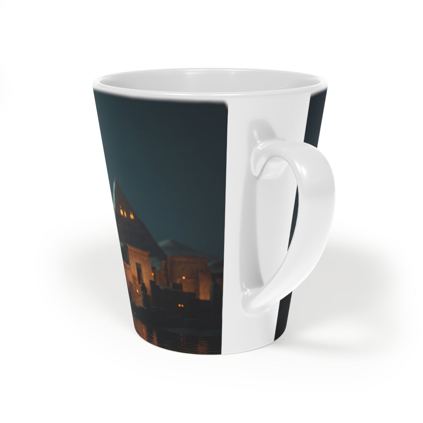 Golden Cat Guardian Latte Mug, 12oz – Pyramidal Nightwalk with Crescent Moon