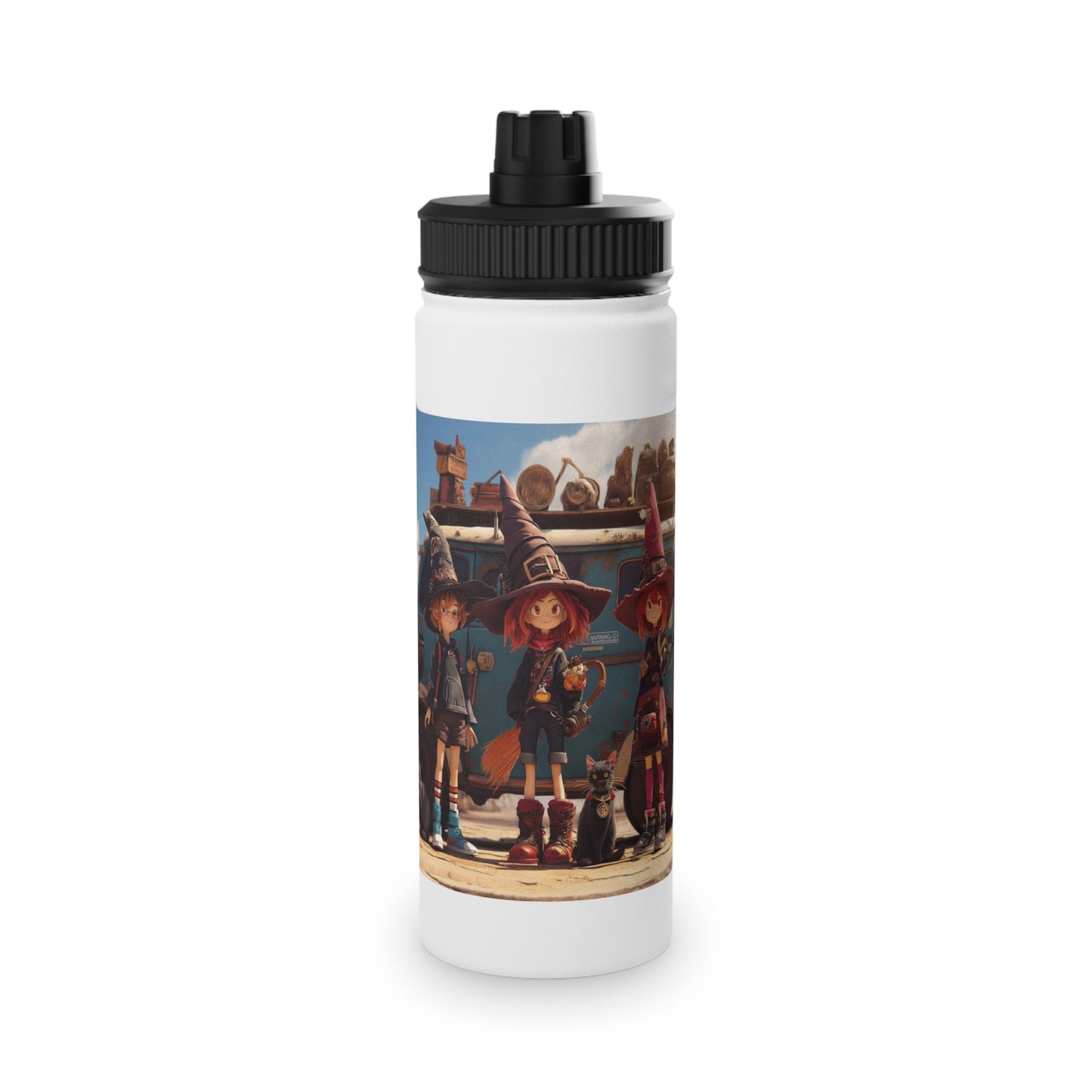 Witch Trio Roadtrip Stainless Steel Water Bottle, Sports Lid – Dusty Desert Spellbound