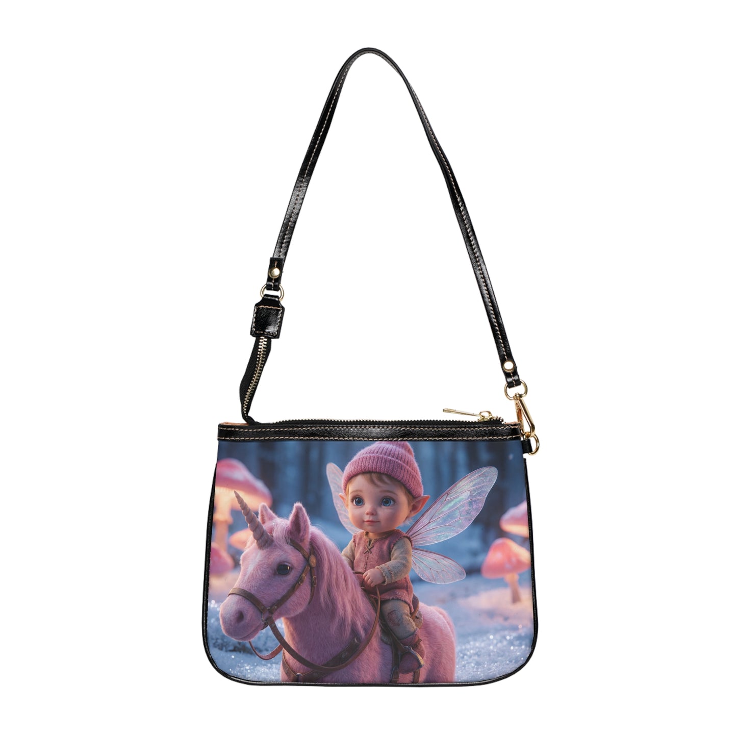 Fairy Riding Unicorn Small Shoulder Bag – Snowy Mushroom Grove Dreamscape
