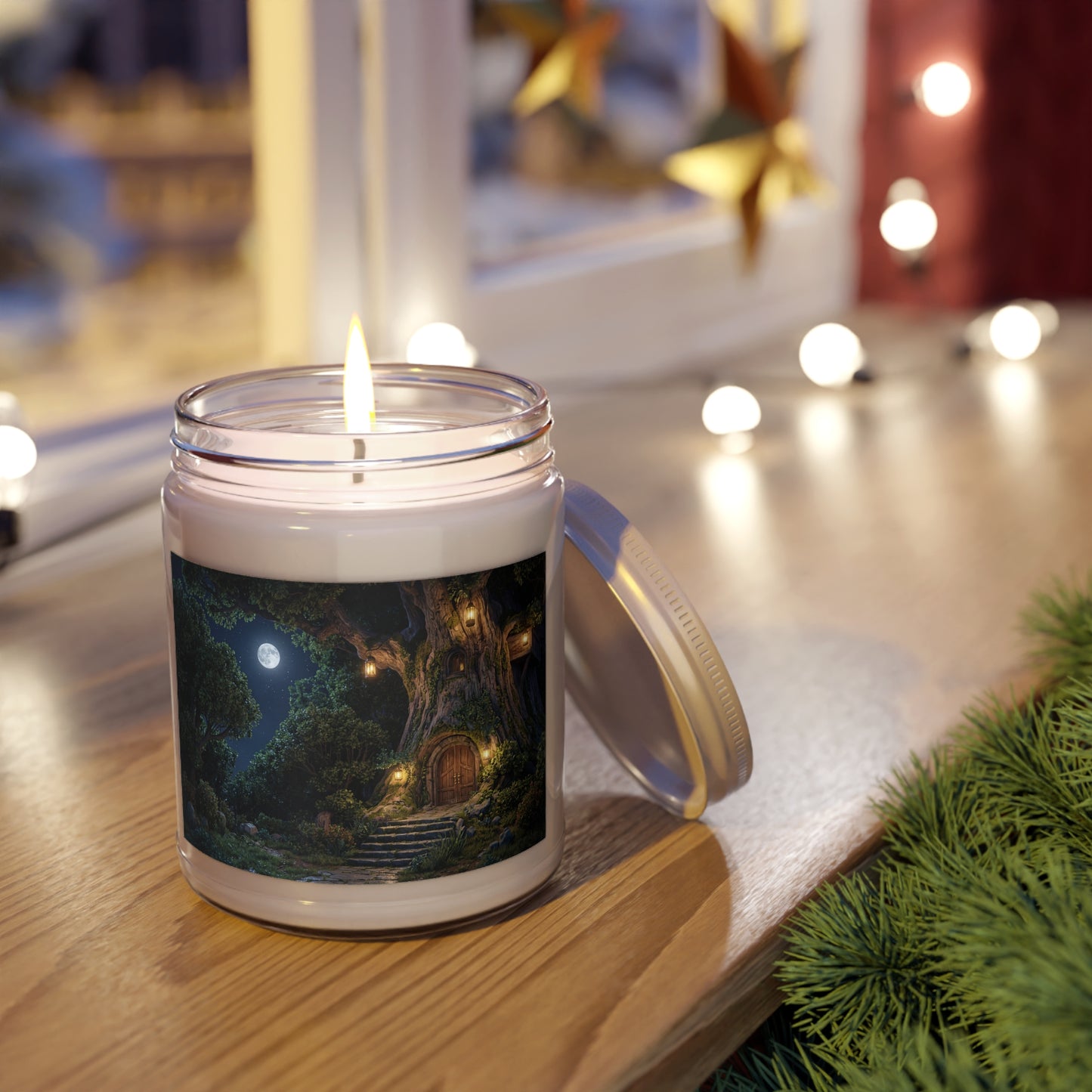 Moonlit Treehouse Doorway Scented Soy Candles with White Lid, 9oz – Whispers of the Ancient Grove