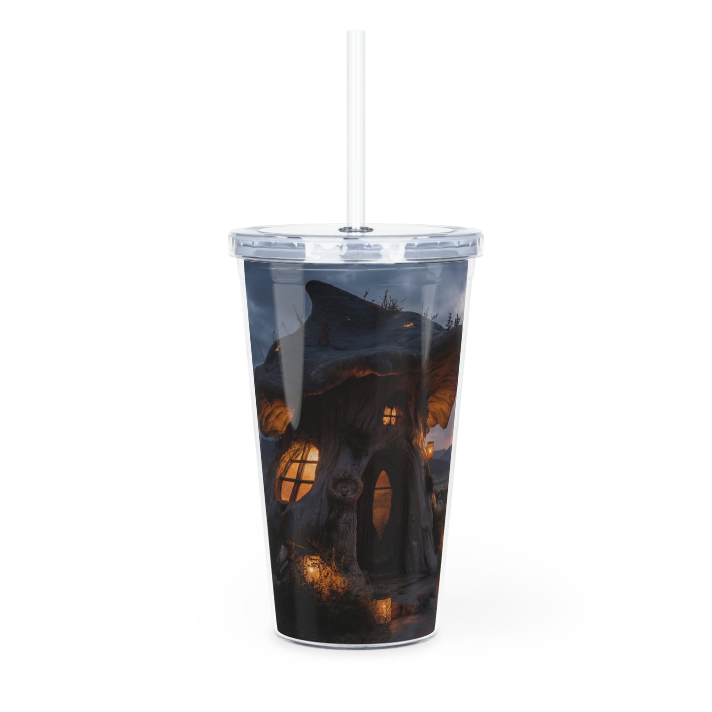 Mushroom Cottage Twilight Tumbler with Straw – Warm Glow Over Mountain Vale