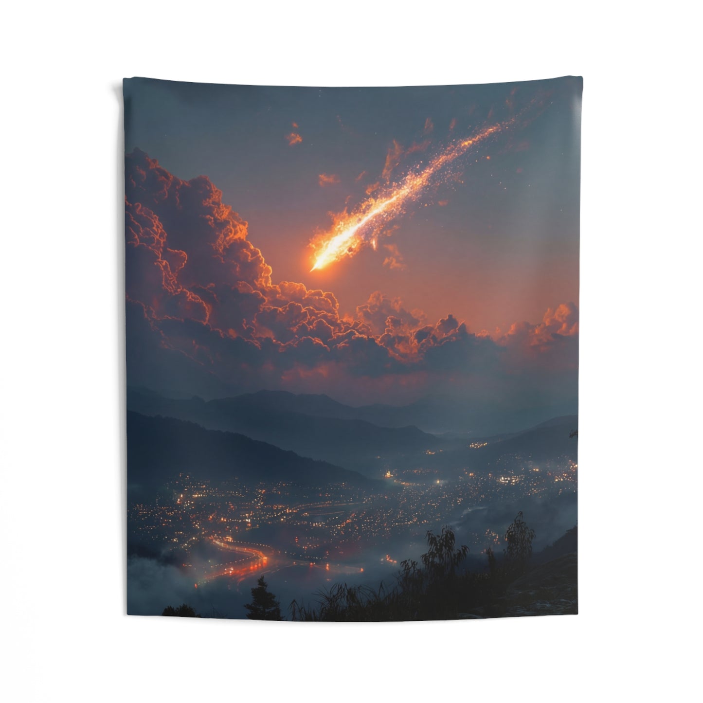 Celestial Fireball Indoor Wall Tapestries – Skyfall Over Mountain Vale