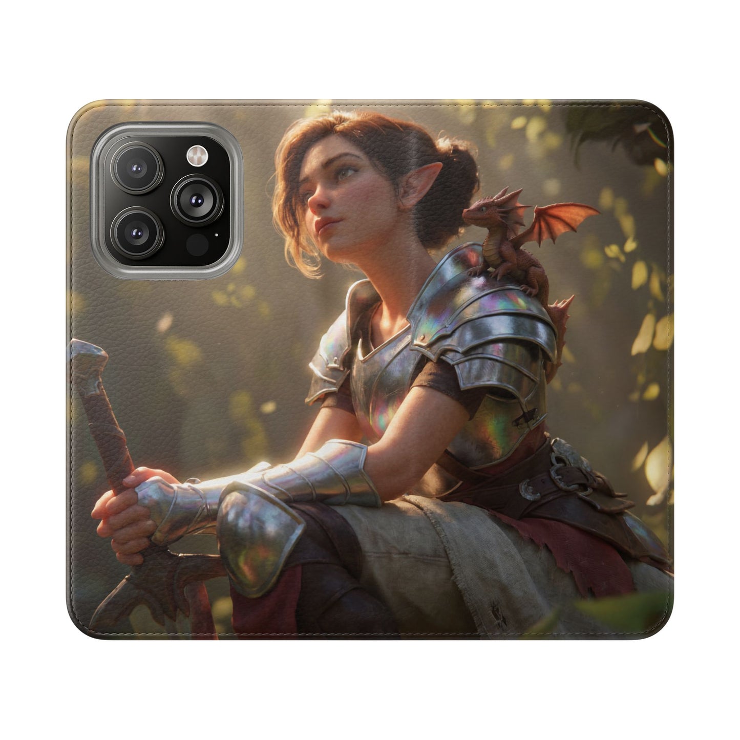 Elven Knight with Dragon Flip Cases – Iridescent Armor & Tiny Guardian Portrait