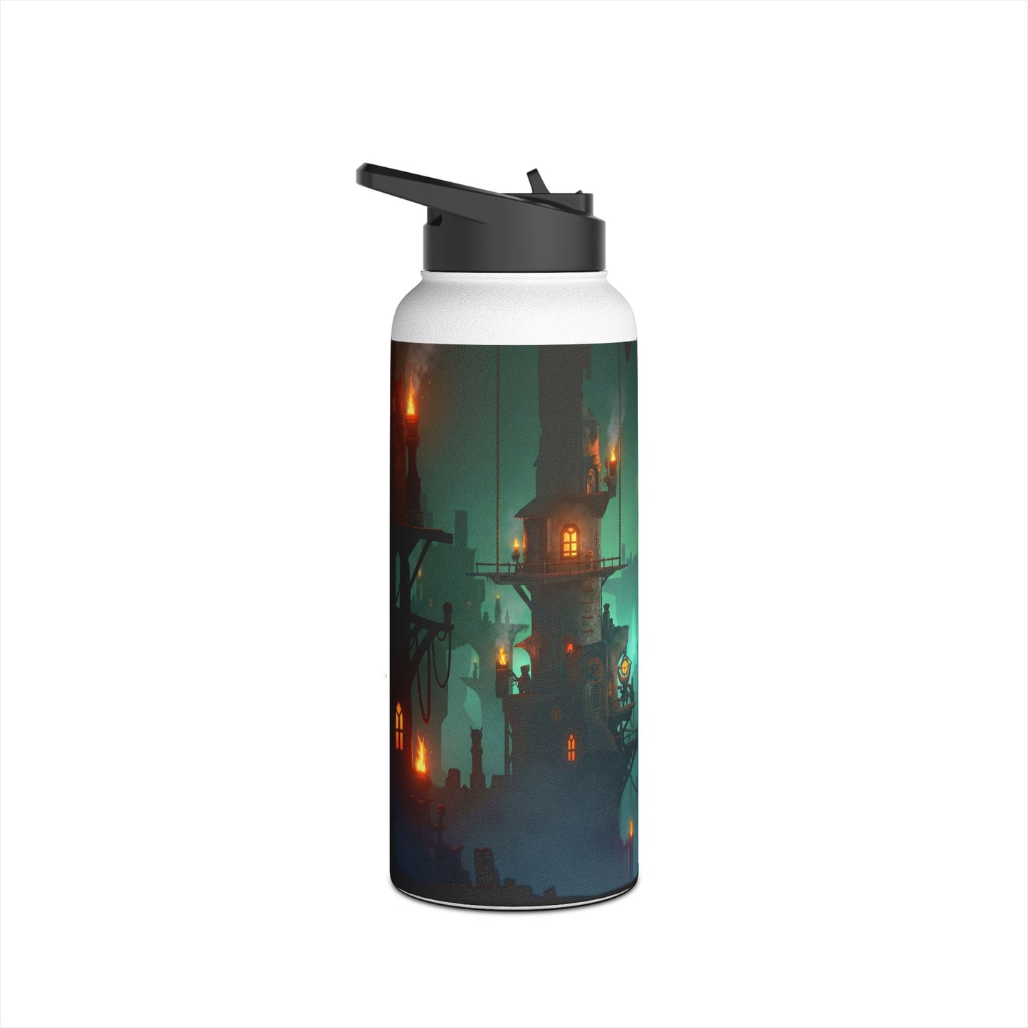 Floating City of Gilded Sparks Stainless Steel Water Bottle, Standard Lid – Neon Fog & Ember-Lit Towers