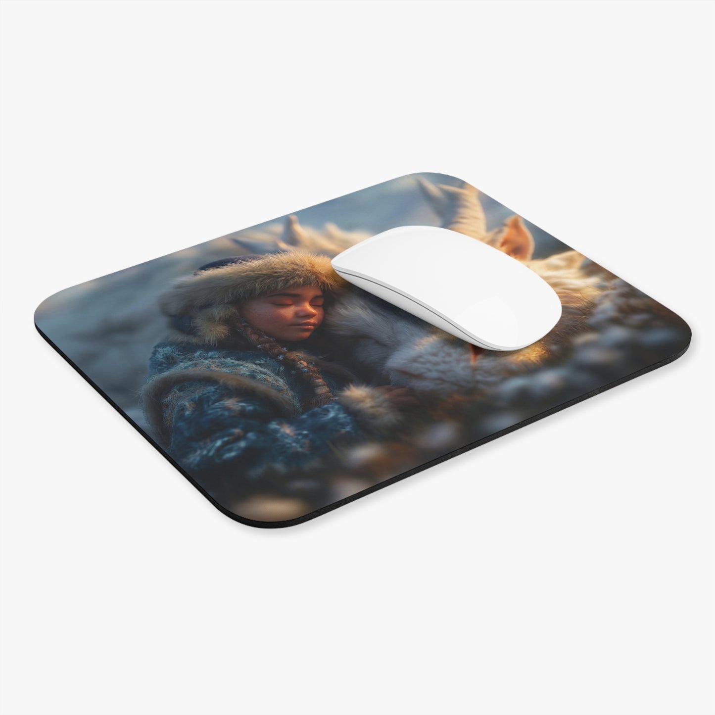 Girl and White Dragon Mouse Pad (Rectangle) – Sunset Serenity in Furred Whispers