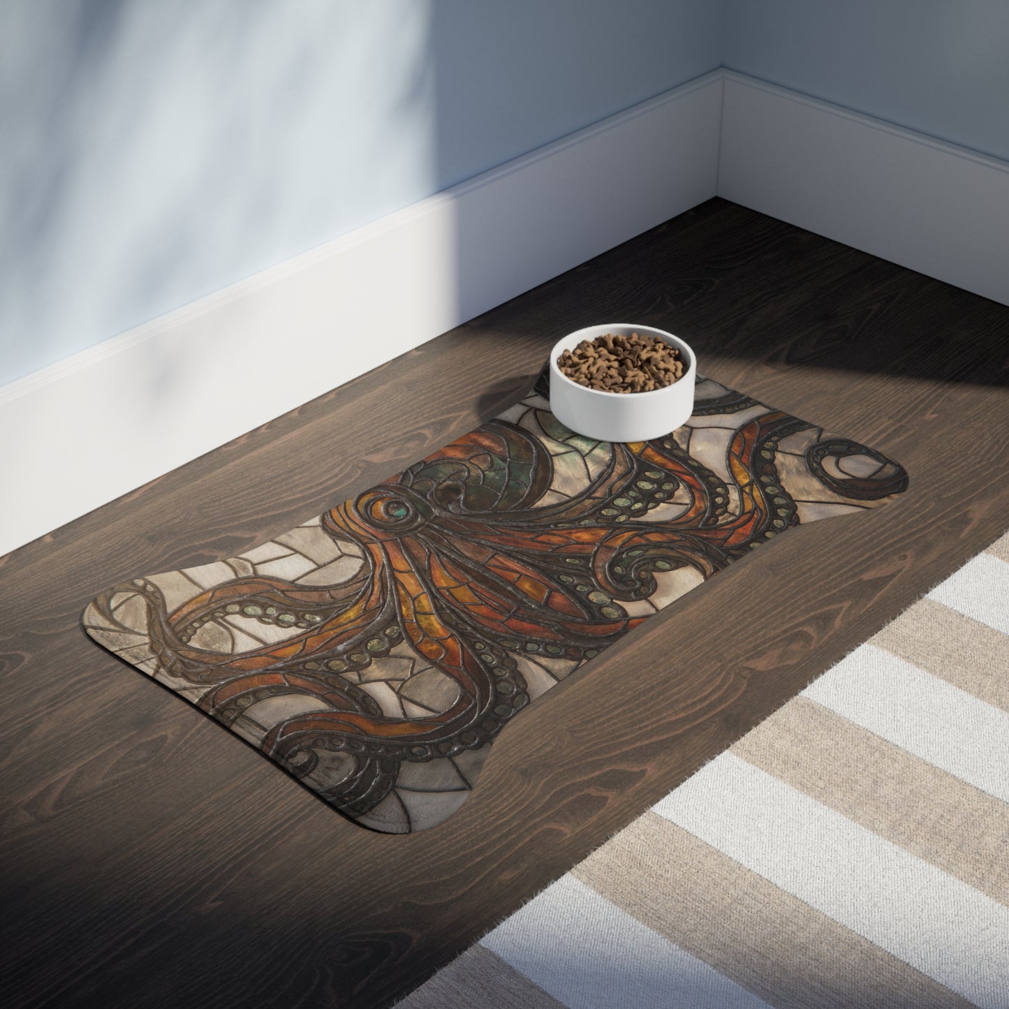 Stained Glass Octopus Pet Feeding Mats – Amber Tentacle Tapestry