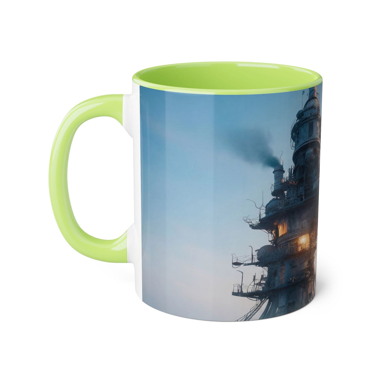 Rusty Tower Accent Mugs, 11oz – Steam-Rising Industrial Lighthouse