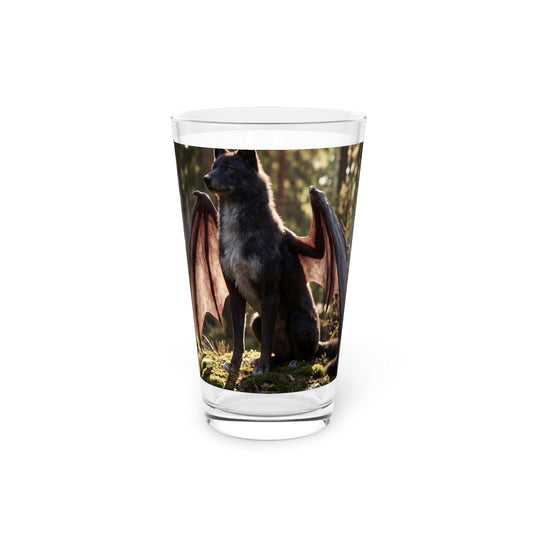 Dragon Wolf in Sunlit Grove Pint Glass – Guardian of the Mossy Stones