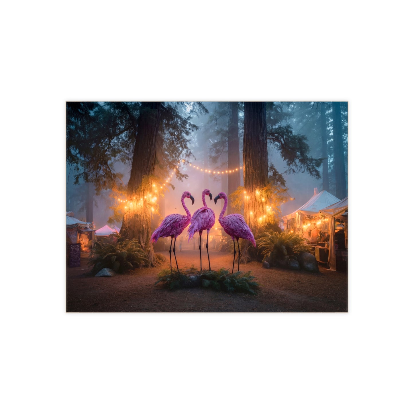 Pink Flamingo Forest Gathering Ceramic Photo Tile – Whimsical Twilight Market Scene