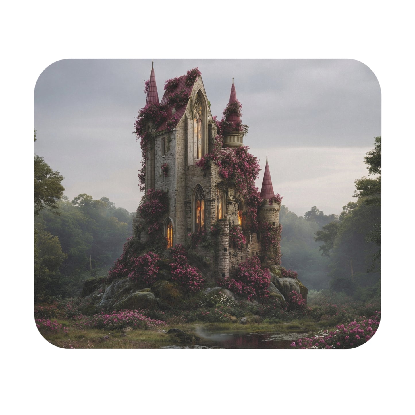 Rose-Spangled Castle Mouse Pad – Twilight Bloom Sanctuary