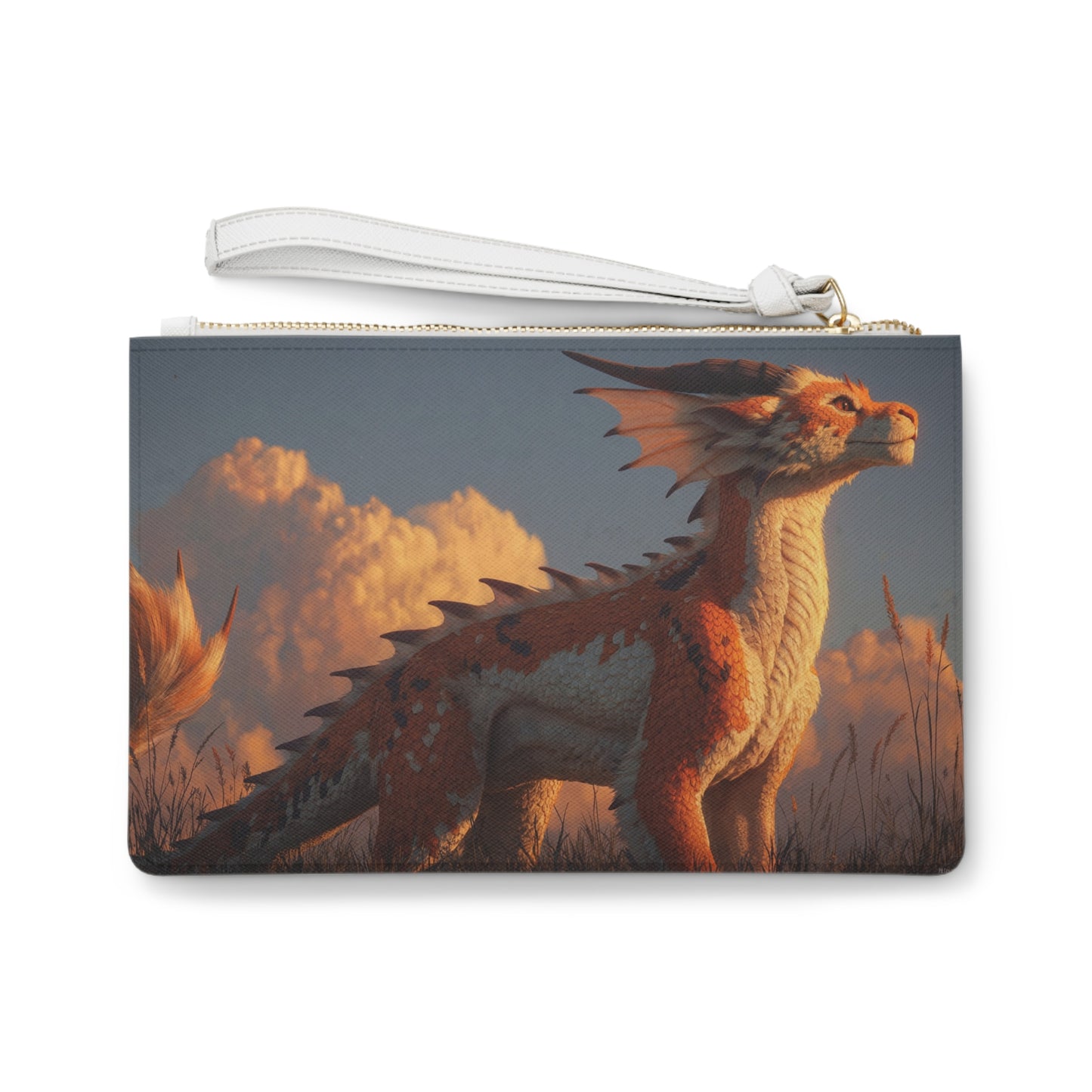 Sunset Sentinel Clutch Bag – Warm-Blaze Dragon in Golden Grass