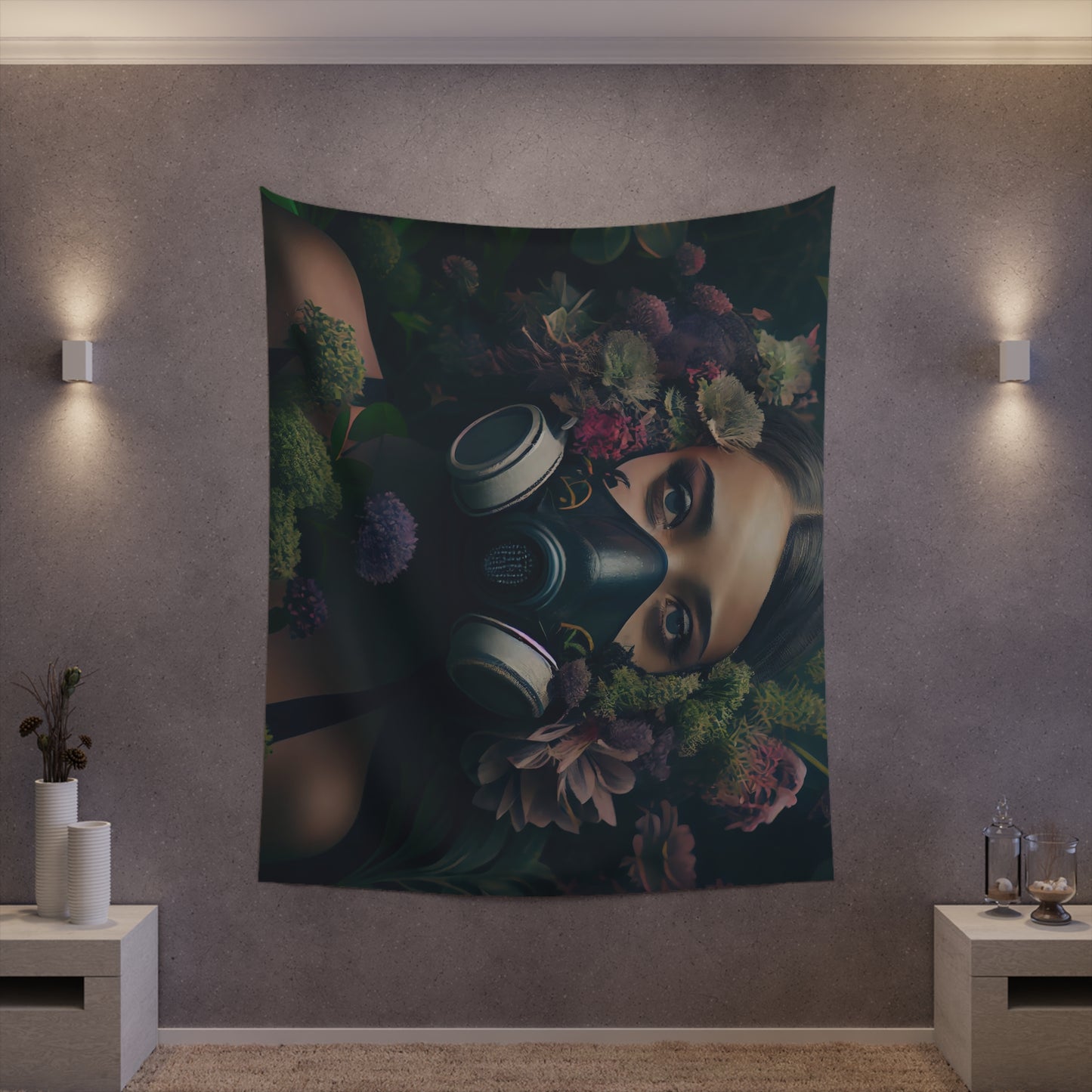 a beautiful woman wearing a gas mask filled with plants and flowers and moss - Printed Wall Tapestry