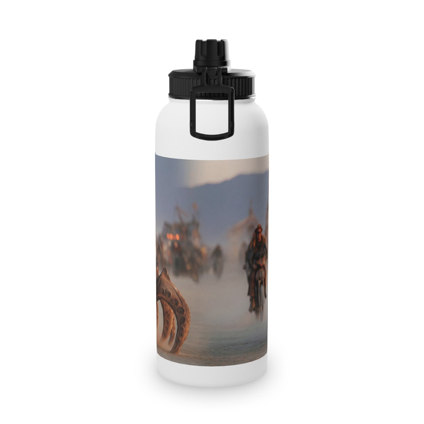 Desert Dragon Ride Stainless Steel Water Bottle, Sports Lid – Sunset Dust and Steam-Punk Fangs