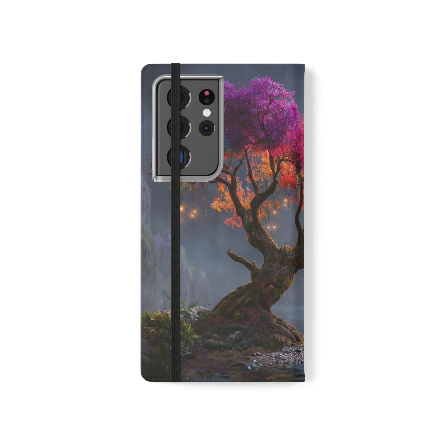 Chromatic Canopy Flip Cases – Rainbow Tree Moonlit Waterfall Scene