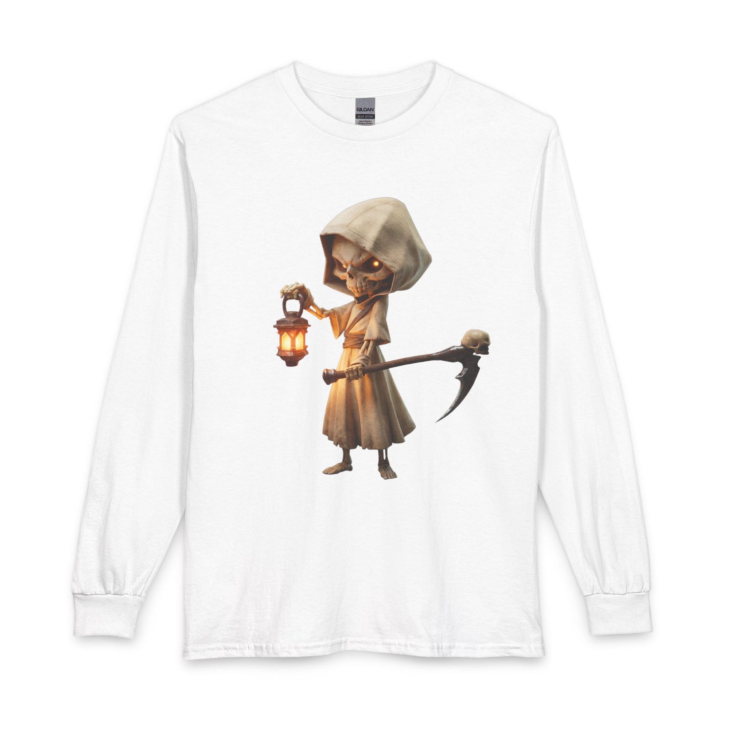 Lantern-Bearing Skeletal Guardian Unisex Long Sleeve T-Shirt – Warm Glow Against Black Canvas